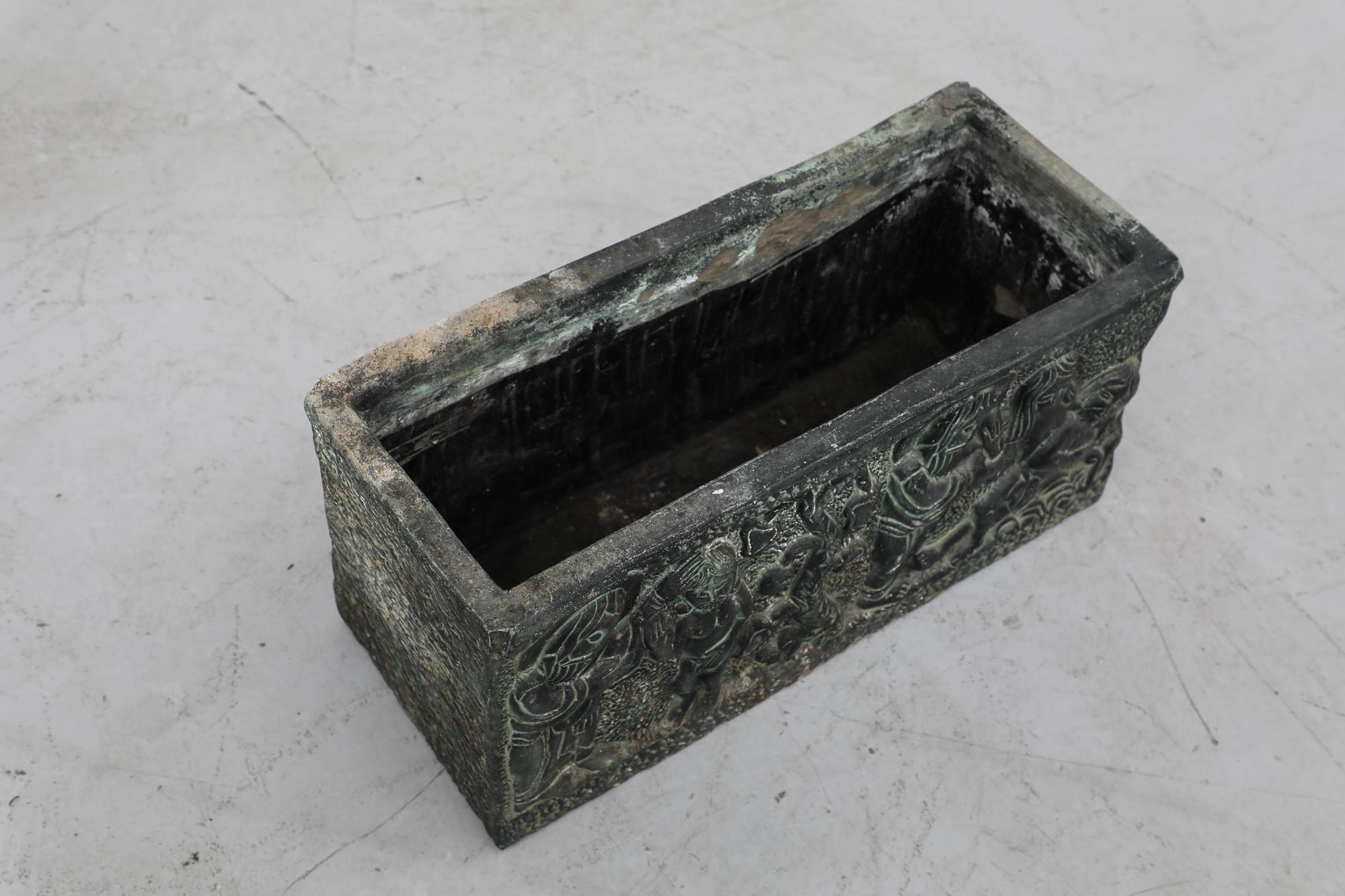 Vintage Adam and Eve Green Engraved Ceramic Planter Box For Sale 11
