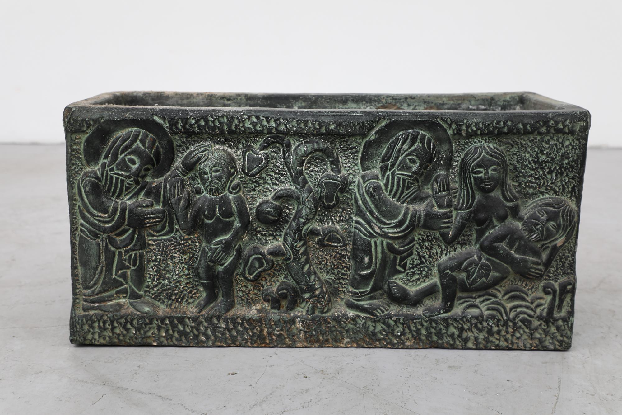 Vintage Adam and Eve Green Engraved Ceramic Planter Box For Sale 12