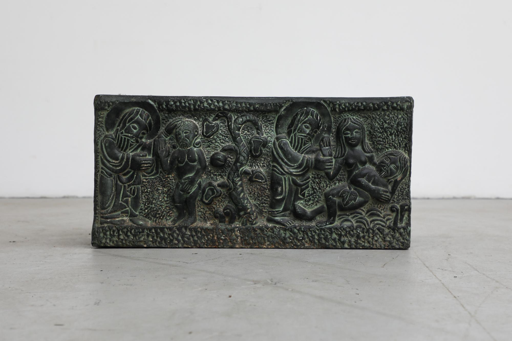 Vintage Adam and Eve Green Engraved Ceramic Planter Box For Sale 13