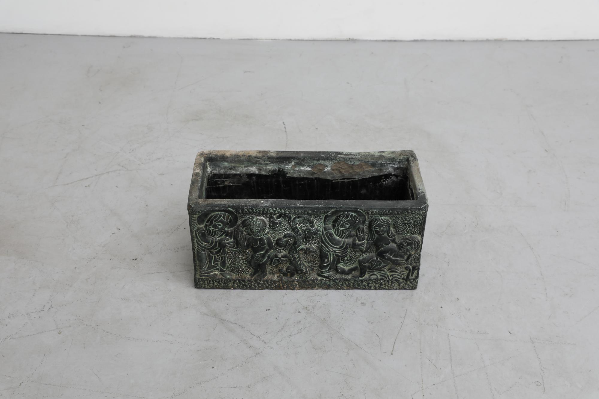 20th Century Vintage Adam and Eve Green Engraved Ceramic Planter Box For Sale