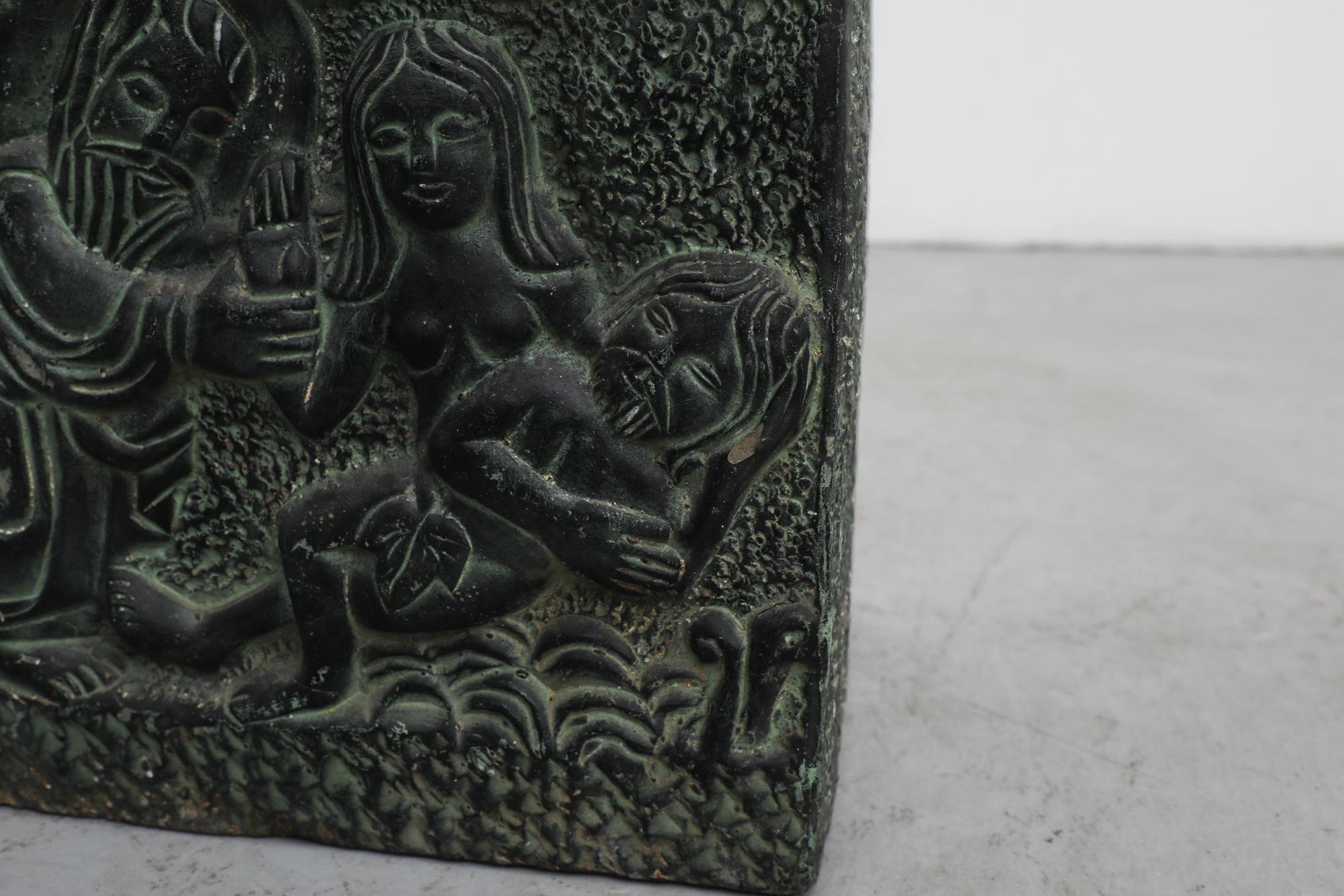 Vintage Adam and Eve Green Engraved Ceramic Planter Box For Sale 2