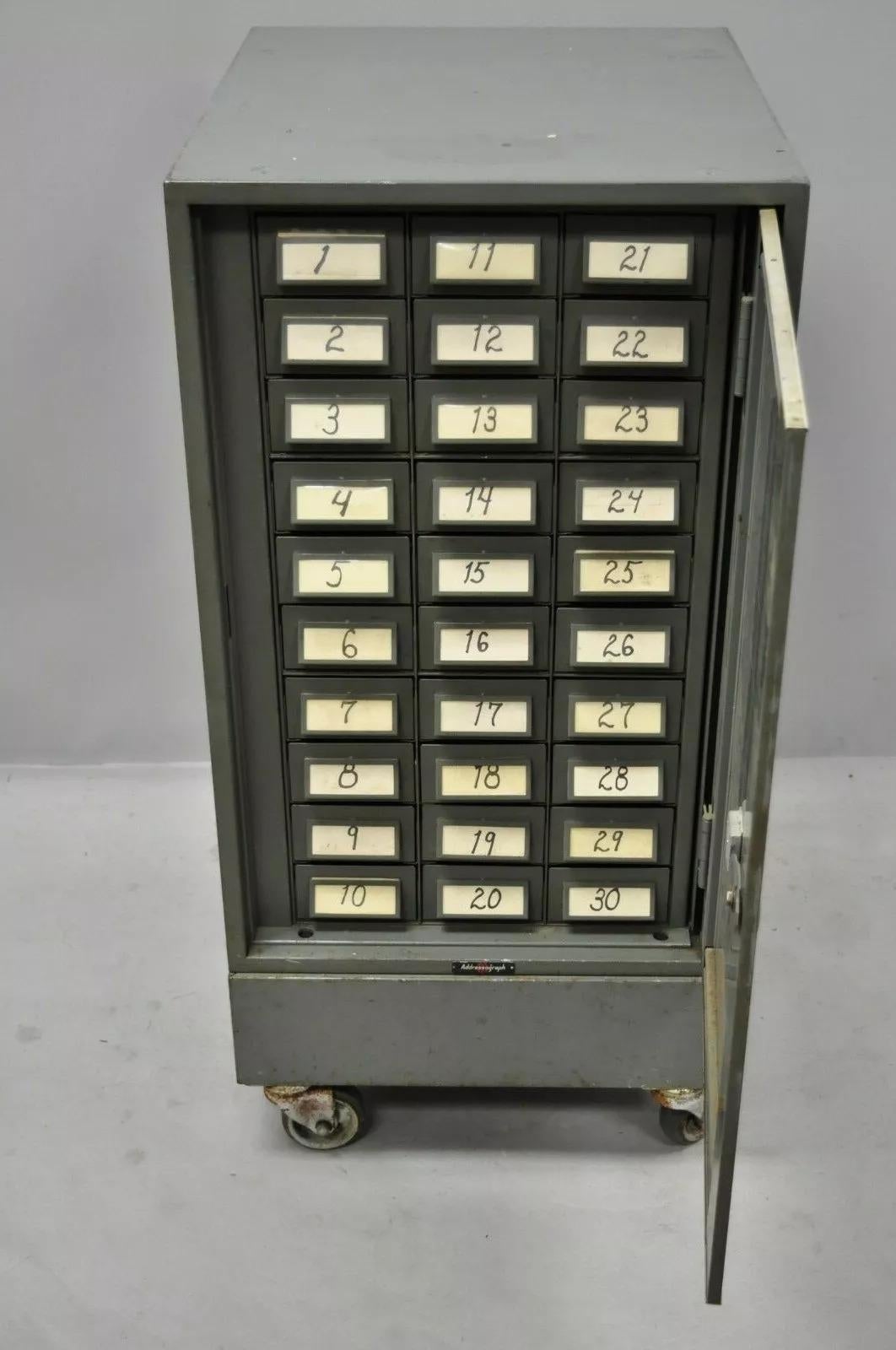 Vintage Addressograph Industrial Steel Metal 30 Drawer Garage Parts Cabinet In Good Condition For Sale In Philadelphia, PA