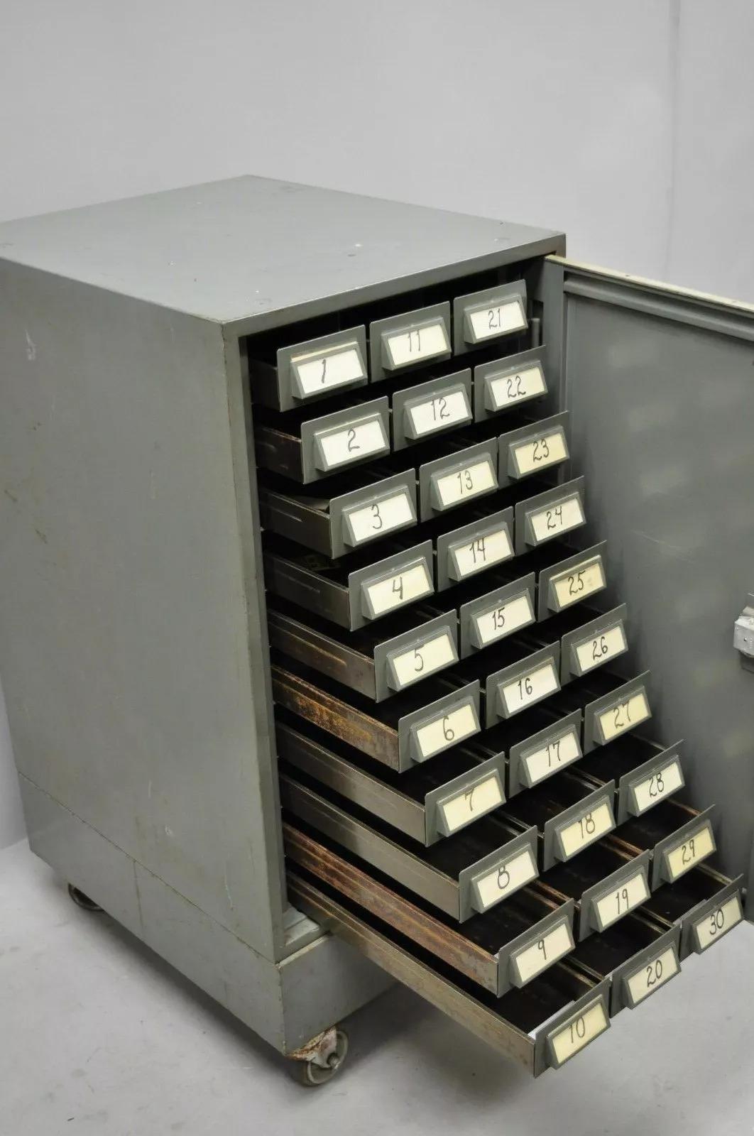20th Century Vintage Addressograph Industrial Steel Metal 30 Drawer Garage Parts Cabinet For Sale