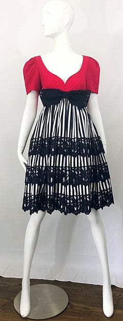 Vintage Adele Simpson 1980s Red Black White Fit n' Flare Empire Bow Lace Dress