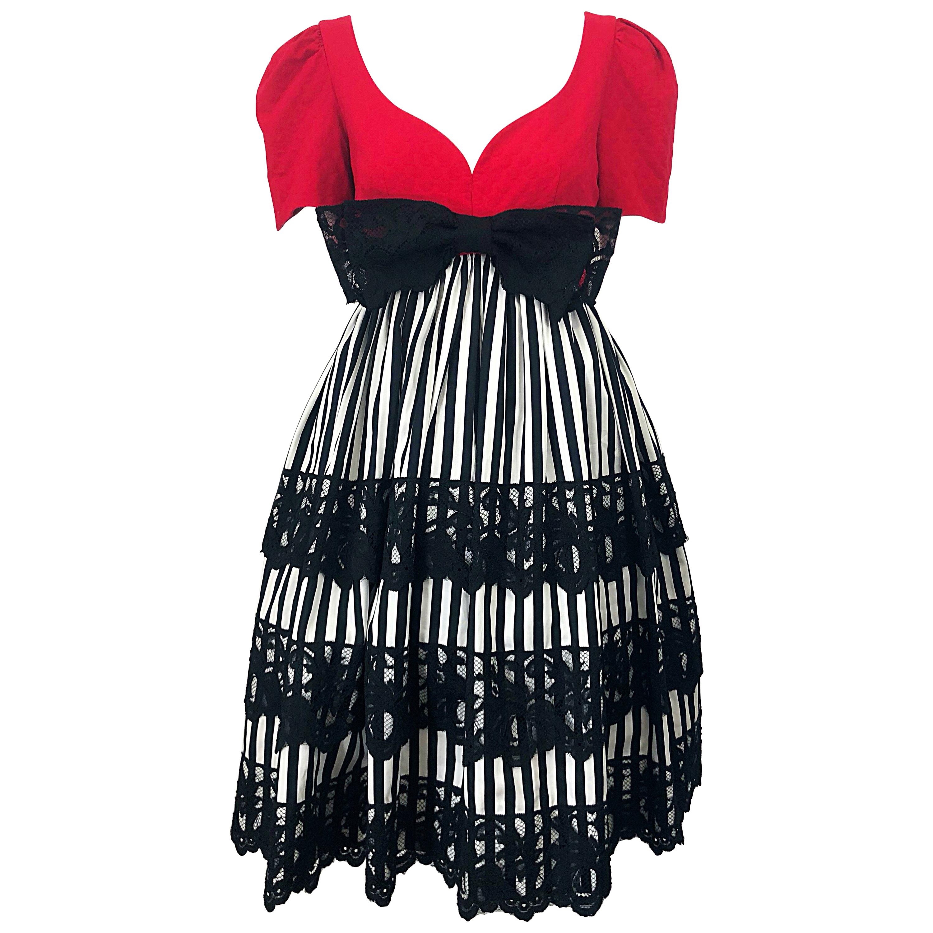 Vintage Adele Simpson 1980s Red Black White Fit n' Flare Empire Bow Lace Dress For Sale