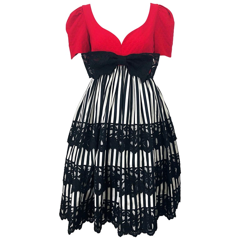 Vintage Adele Simpson 1980s Red Black White Fit N' Flare Empire Bow Lace Dress