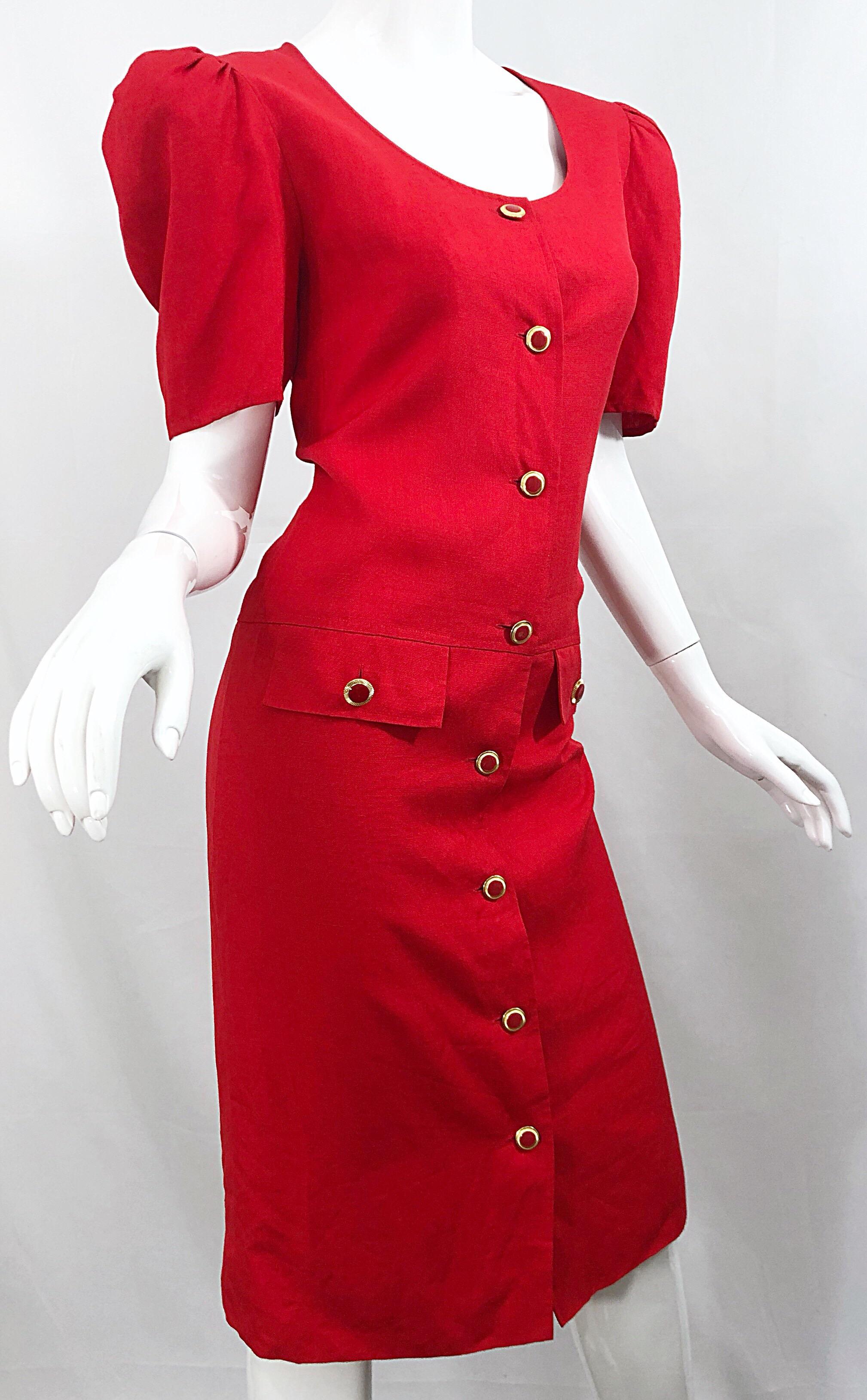 Vintage Adele Simpson I Magnin 1980s Size 10 Lipstick Red Linen Rayon 90s Dress For Sale 3