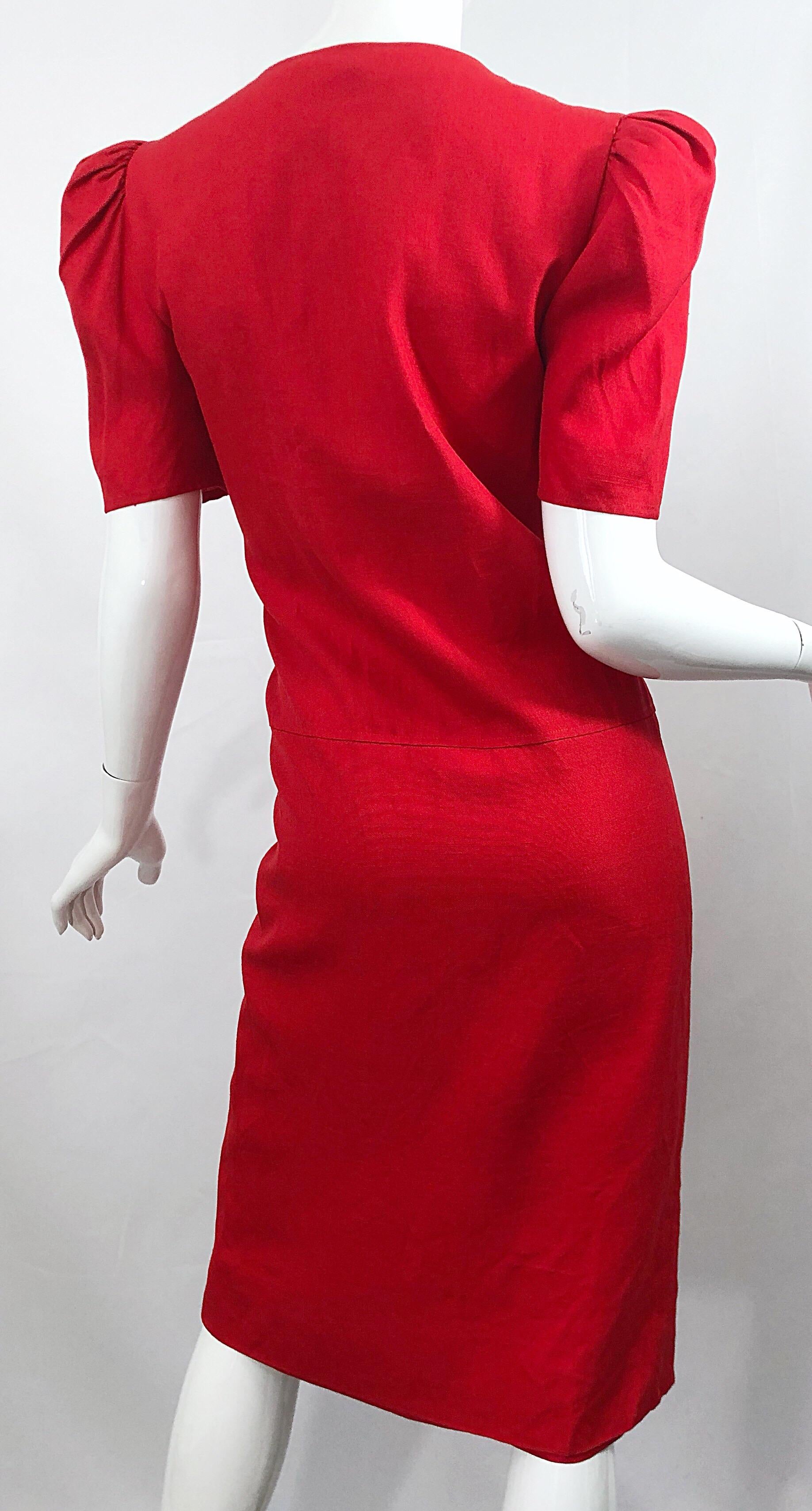Vintage Adele Simpson I Magnin 1980s Size 10 Lipstick Red Linen Rayon 90s Dress For Sale 4