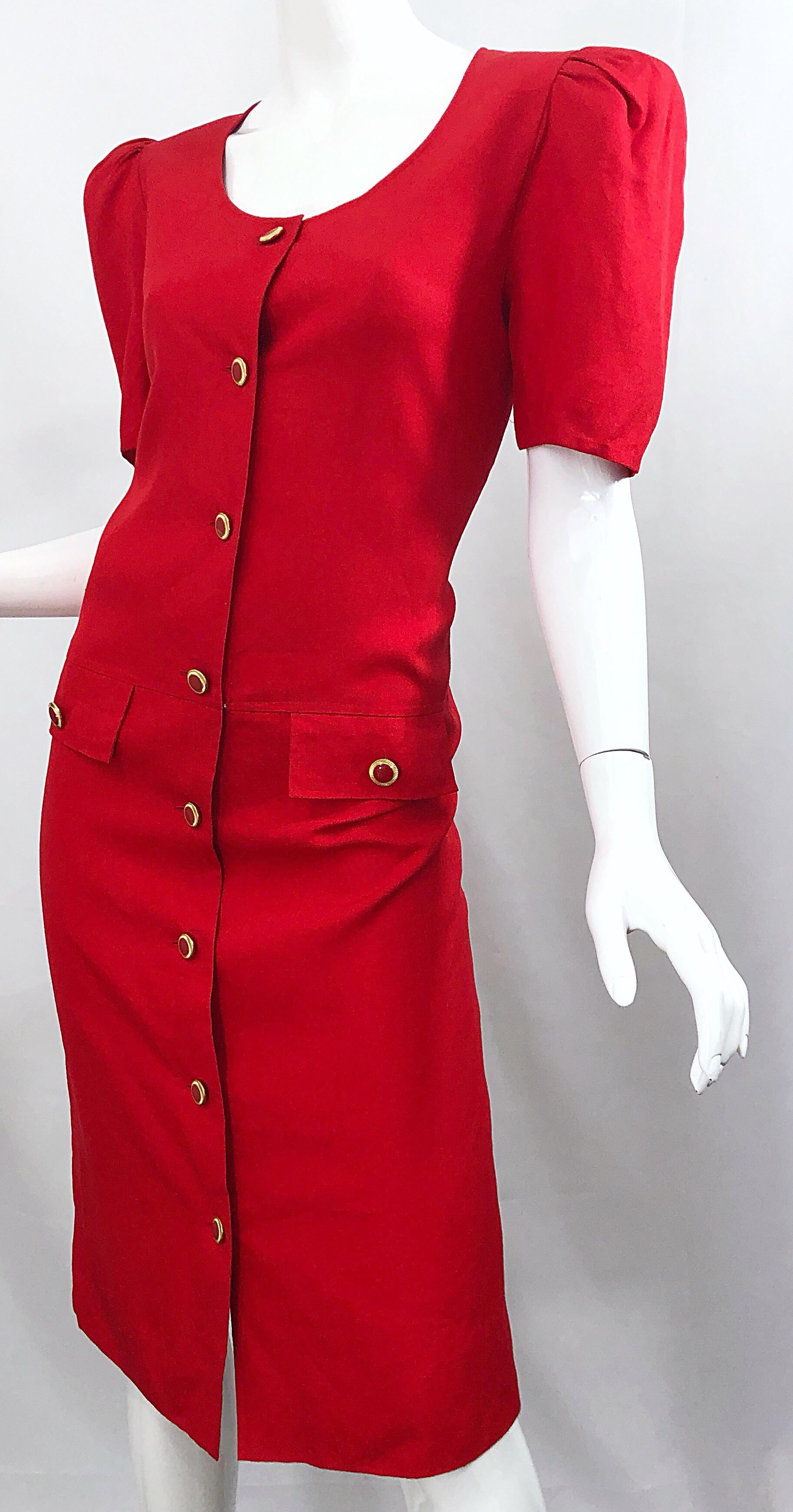 Vintage Adele Simpson I Magnin 1980s Size 10 Lipstick Red Linen Rayon 90s Dress For Sale 5