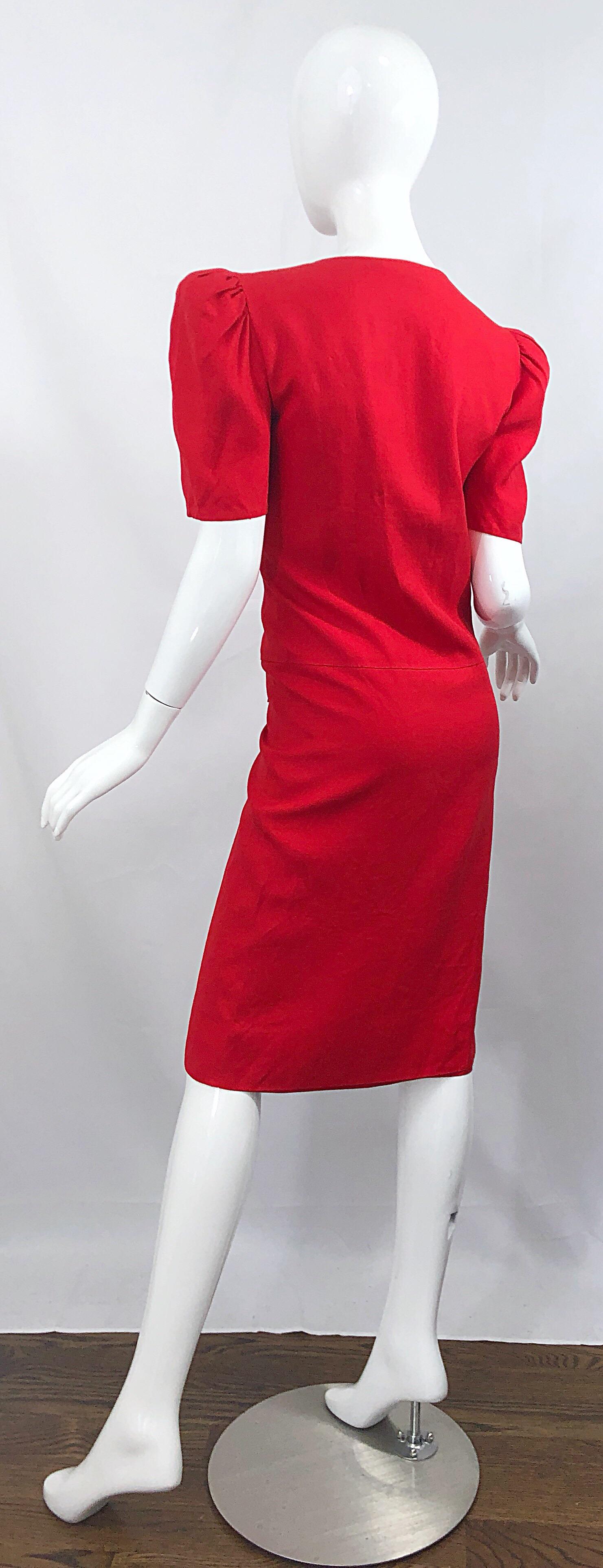 Vintage Adele Simpson I Magnin 1980s Size 10 Lipstick Red Linen Rayon 90s Dress For Sale 6