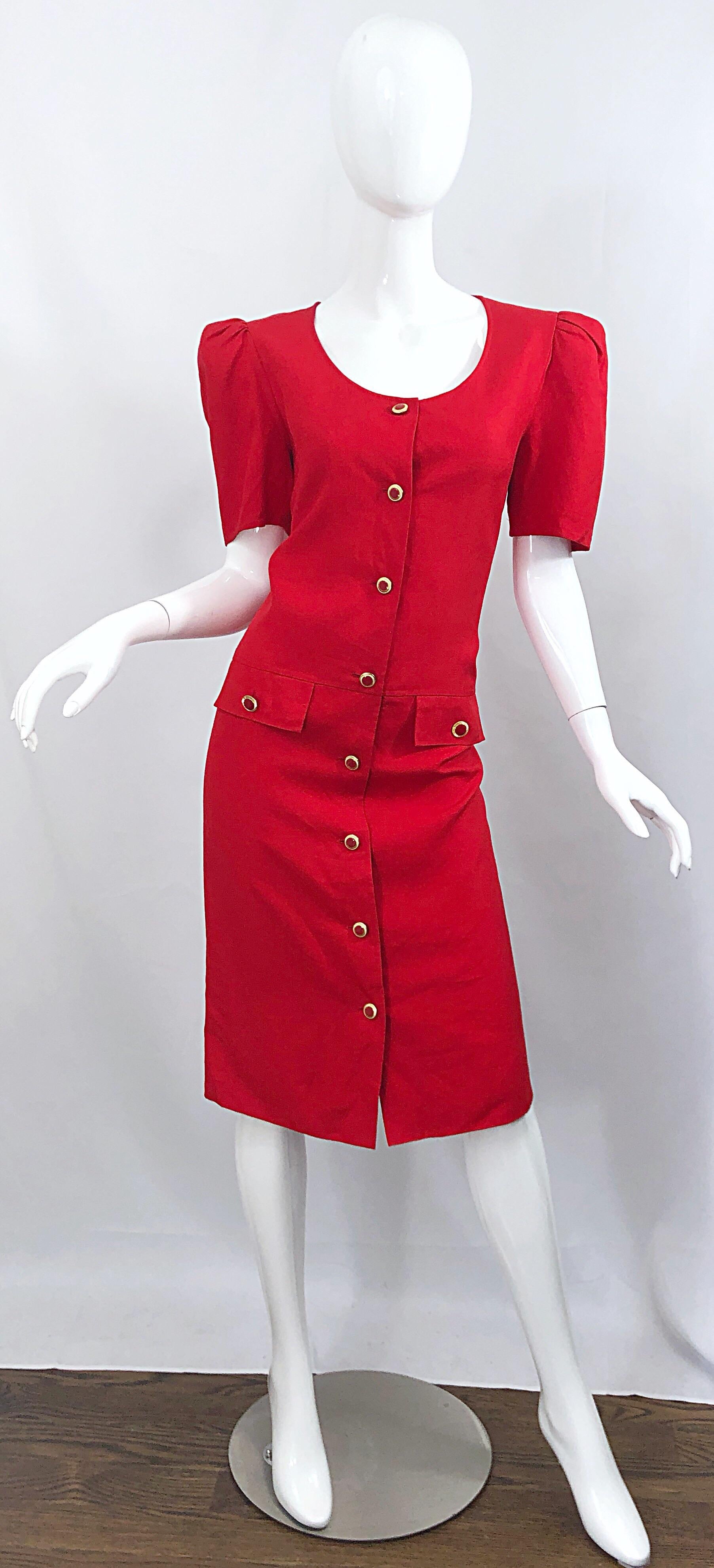 Vintage Adele Simpson I Magnin 1980s Size 10 Lipstick Red Linen Rayon 90s Dress For Sale 7