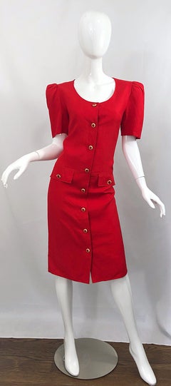Vintage Adele Simpson I Magnin 1980s Size 10 Lipstick Red Linen Rayon 90s Dress