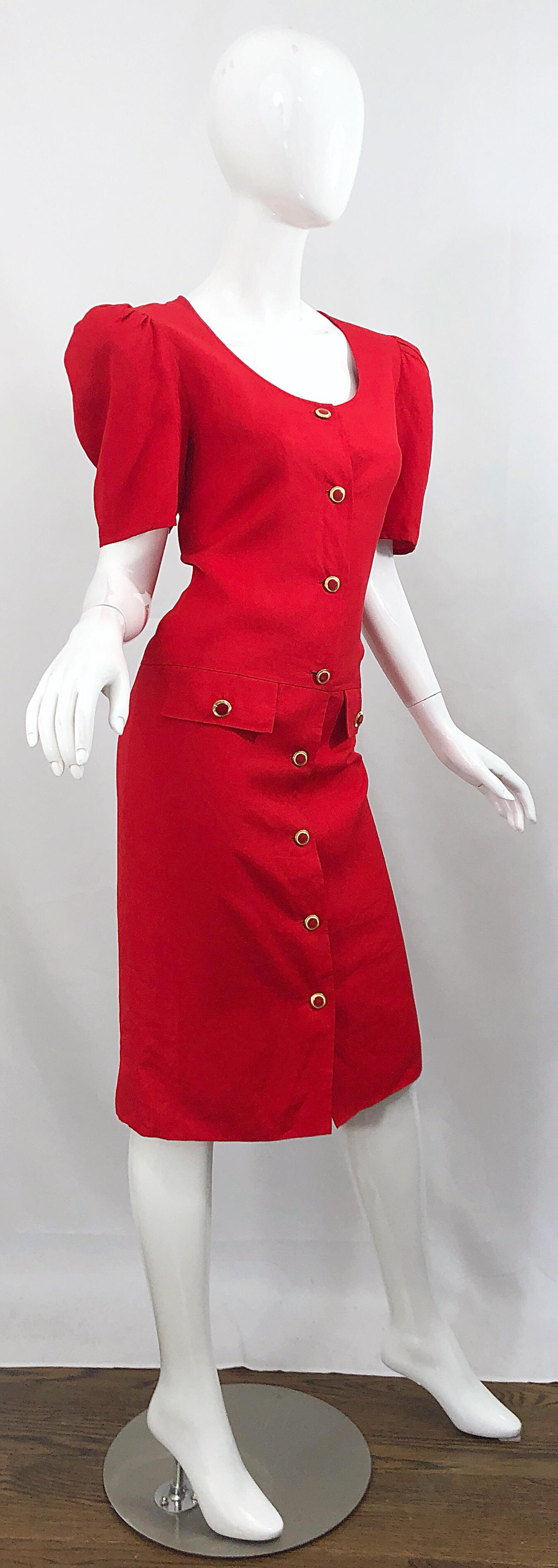 Vintage Adele Simpson I Magnin 1980s Size 10 Lipstick Red Linen Rayon 90s Dress In Excellent Condition For Sale In San Diego, CA