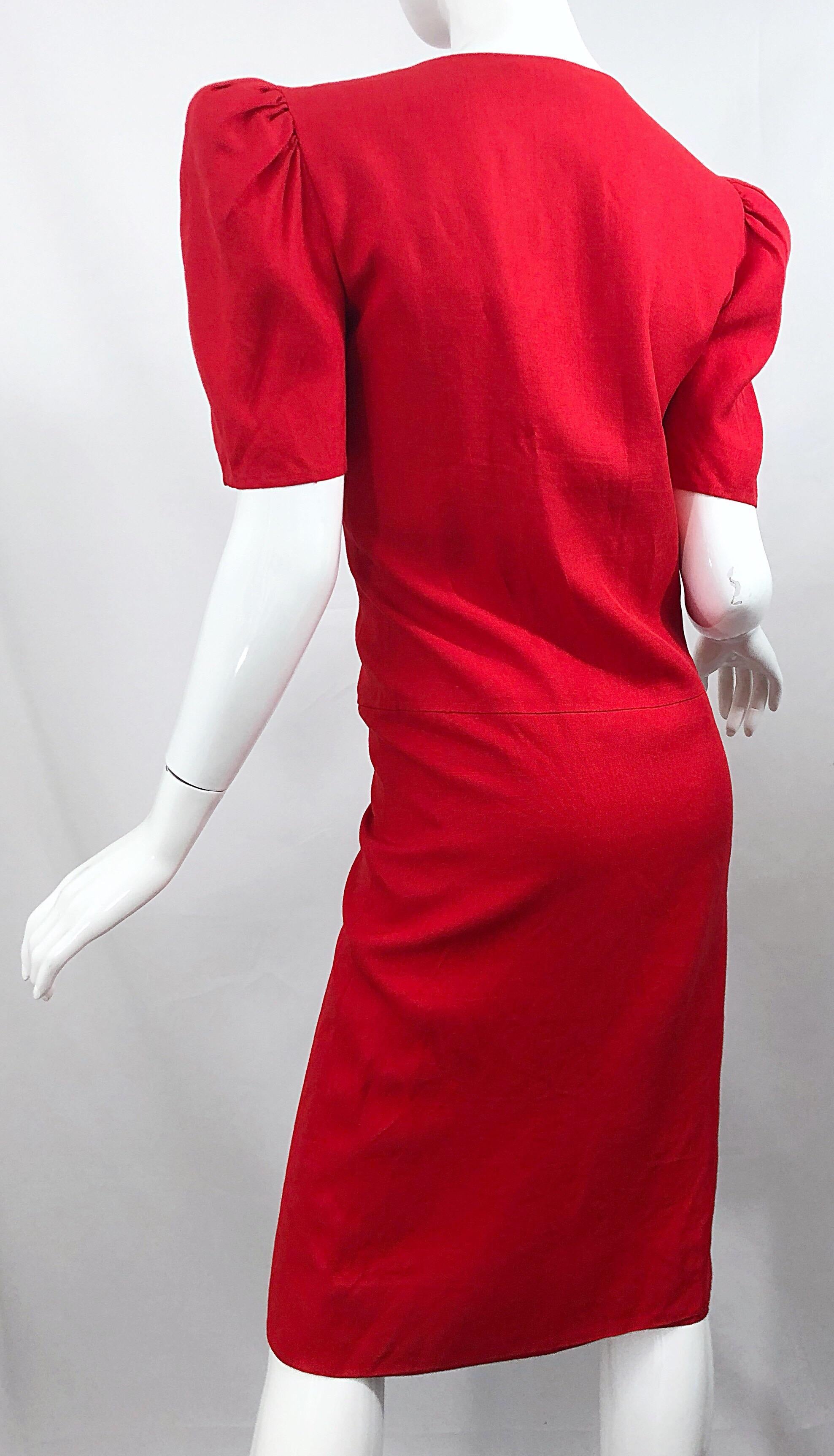 Women's Vintage Adele Simpson I Magnin 1980s Size 10 Lipstick Red Linen Rayon 90s Dress For Sale