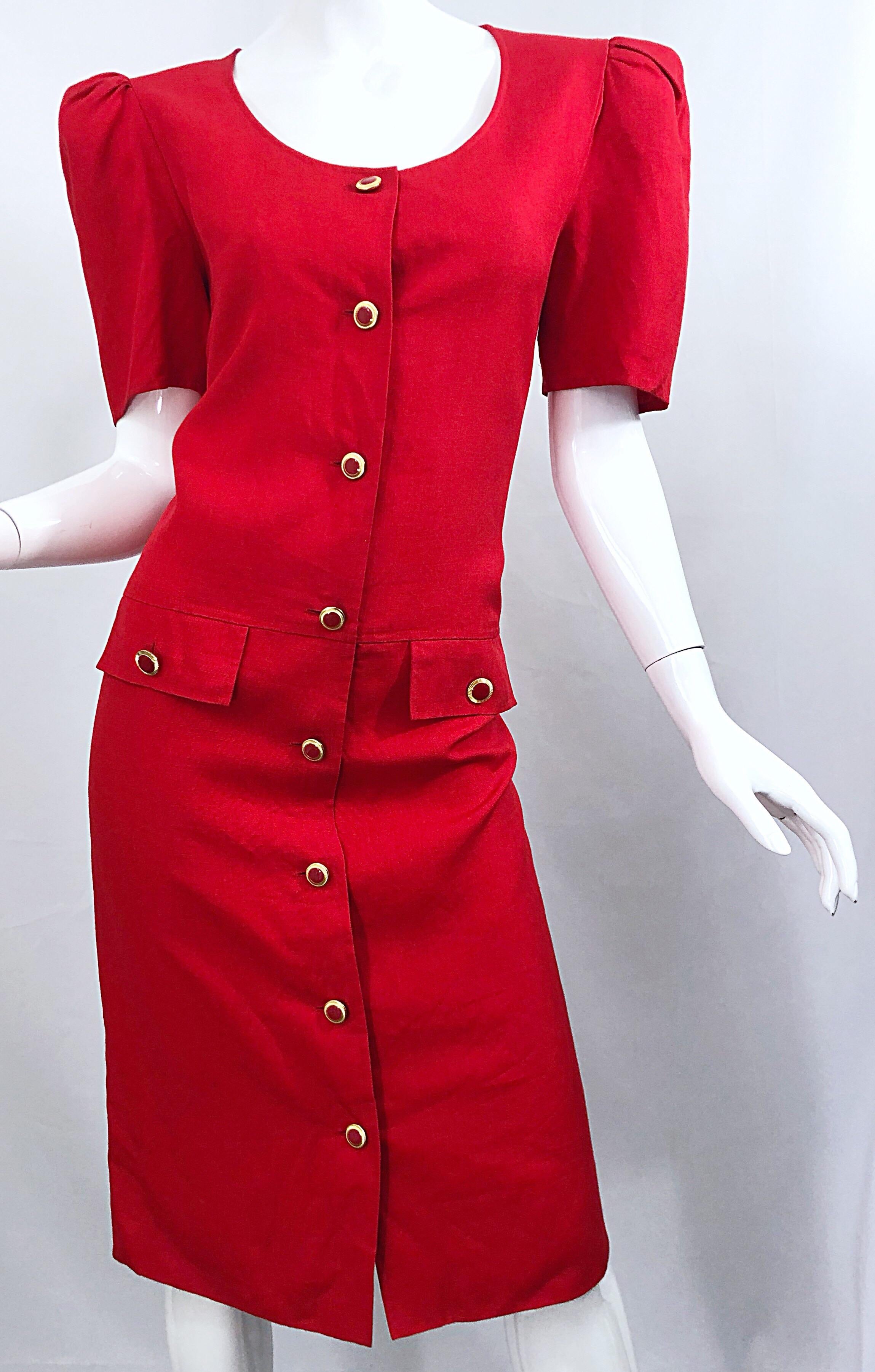 Vintage Adele Simpson I Magnin 1980s Size 10 Lipstick Red Linen Rayon 90s Dress For Sale 1