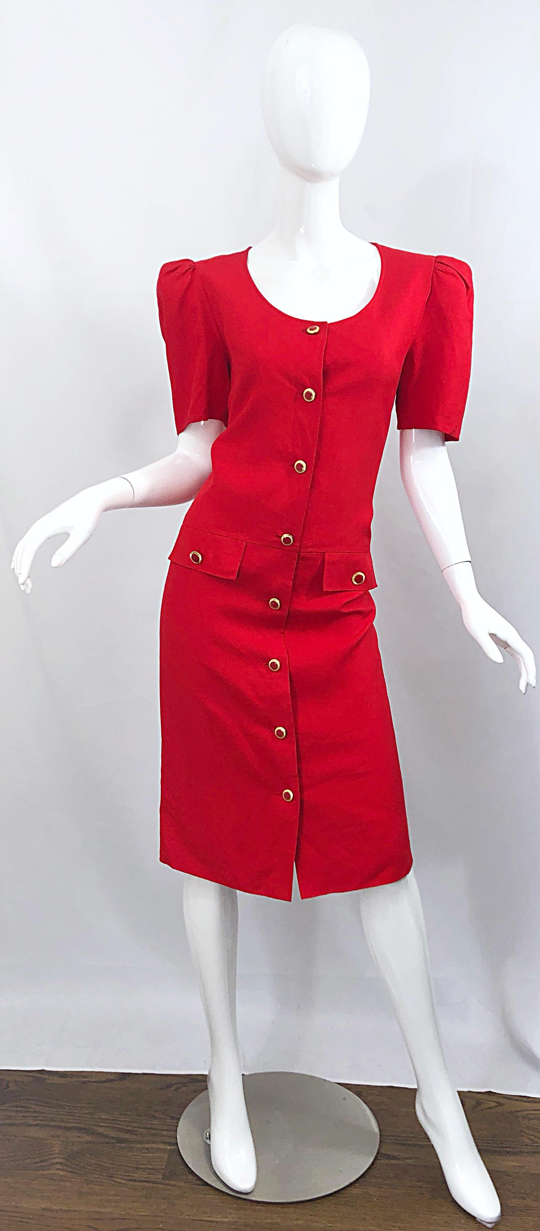 Vintage Adele Simpson I Magnin 1980s Size 10 Lipstick Red Linen Rayon 90s Dress For Sale 2