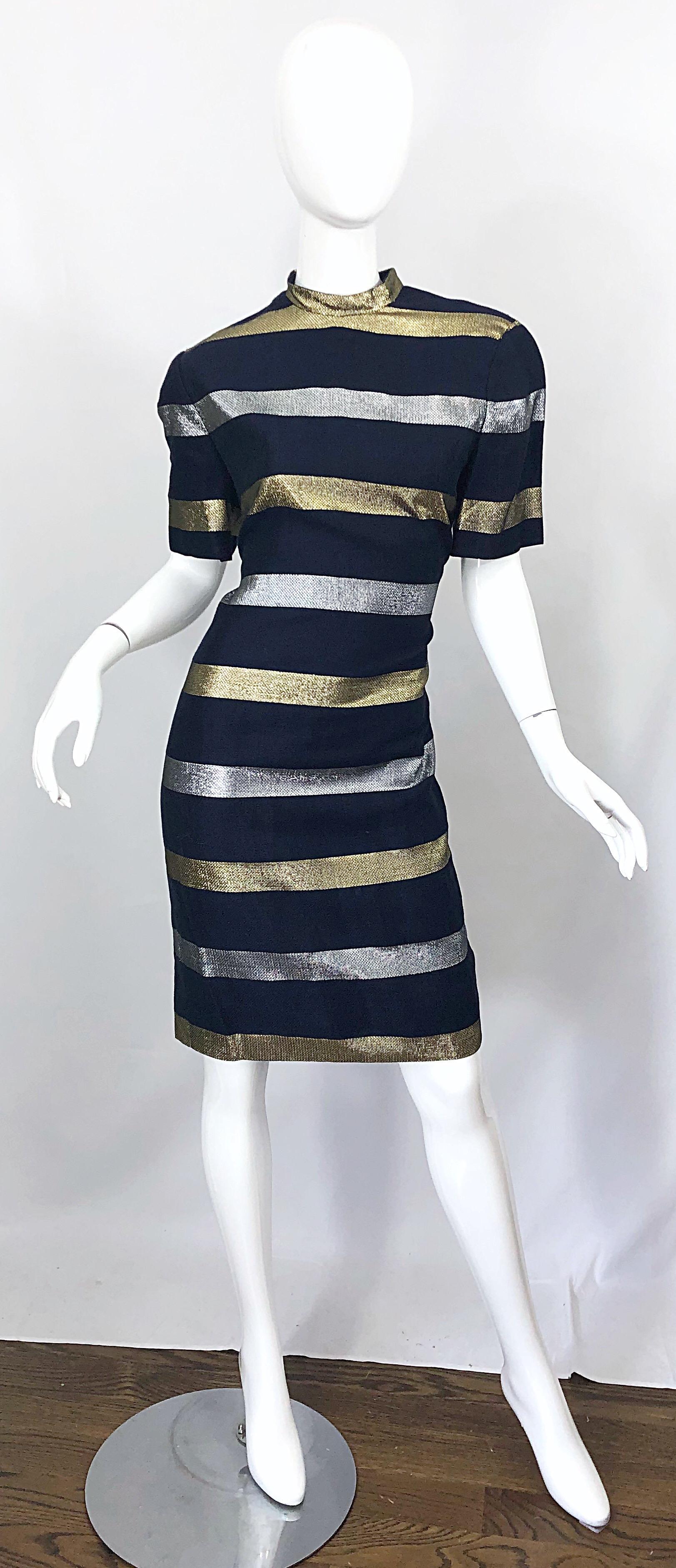Pretty vintage ADELE SIMPSON for I MAGNIN size 10 navy blue, metalli gold and metallic silver striped short sleeve linen dress! Features a soft lightweight linen fabric that is full lined. Hidden zipper up the back with hook-and-eye closure.
