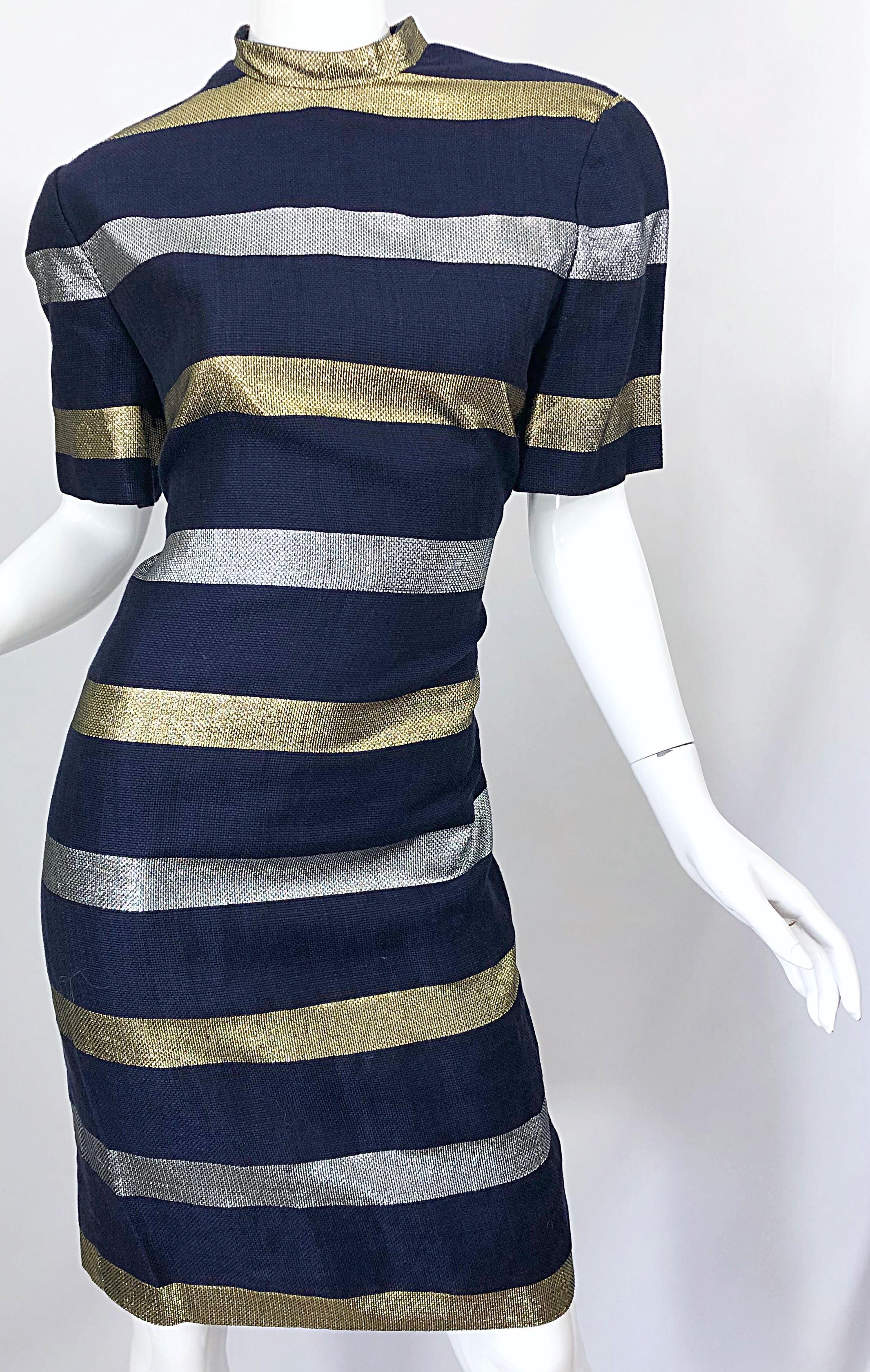 Black Vintage Adele Simpson Size 10 Navy Blue + Gold + Silver Striped Linen Dress
