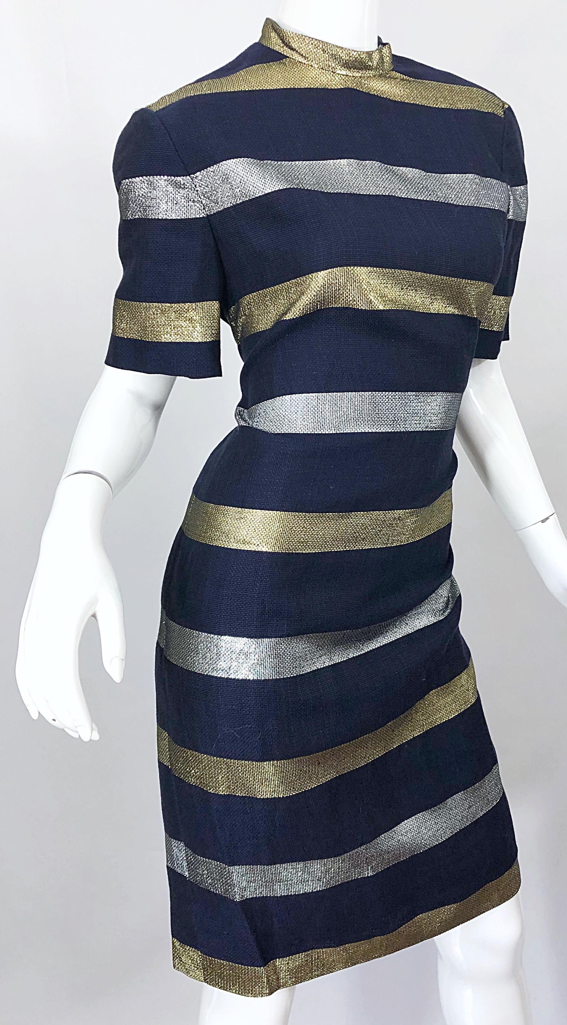 Women's Vintage Adele Simpson Size 10 Navy Blue + Gold + Silver Striped Linen Dress