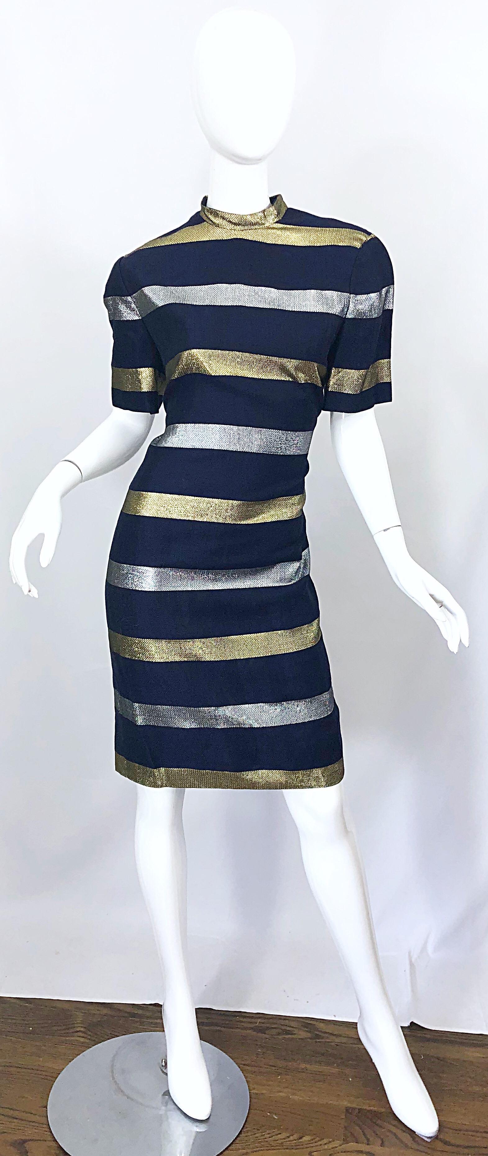 Vintage Adele Simpson Size 10 Navy Blue + Gold + Silver Striped Linen Dress 1