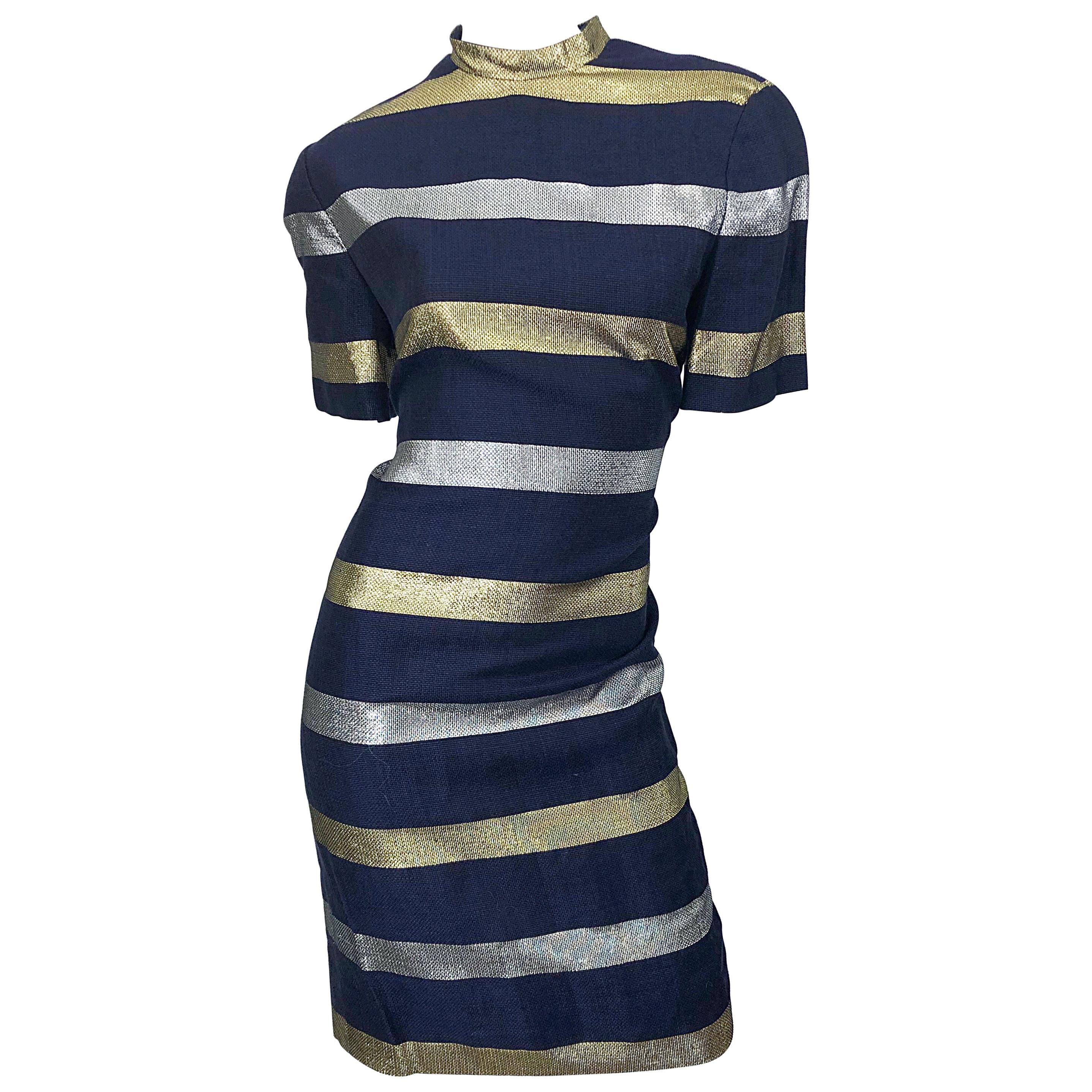 Vintage Adele Simpson Size 10 Navy Blue + Gold + Silver Striped Linen Dress