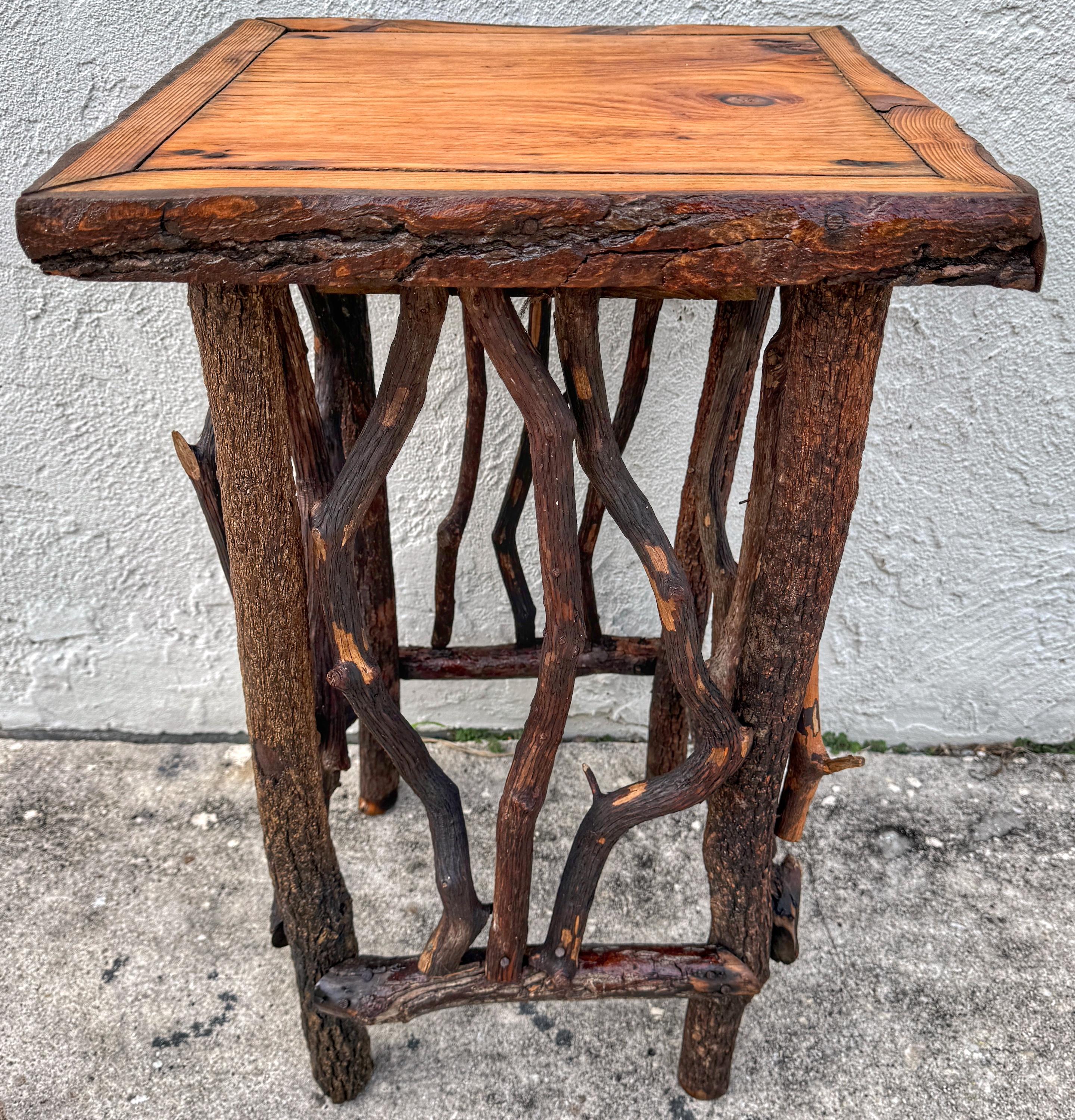 Carved Vintage Adirondack Log & Twig Table/ Pedestal with Pine Top