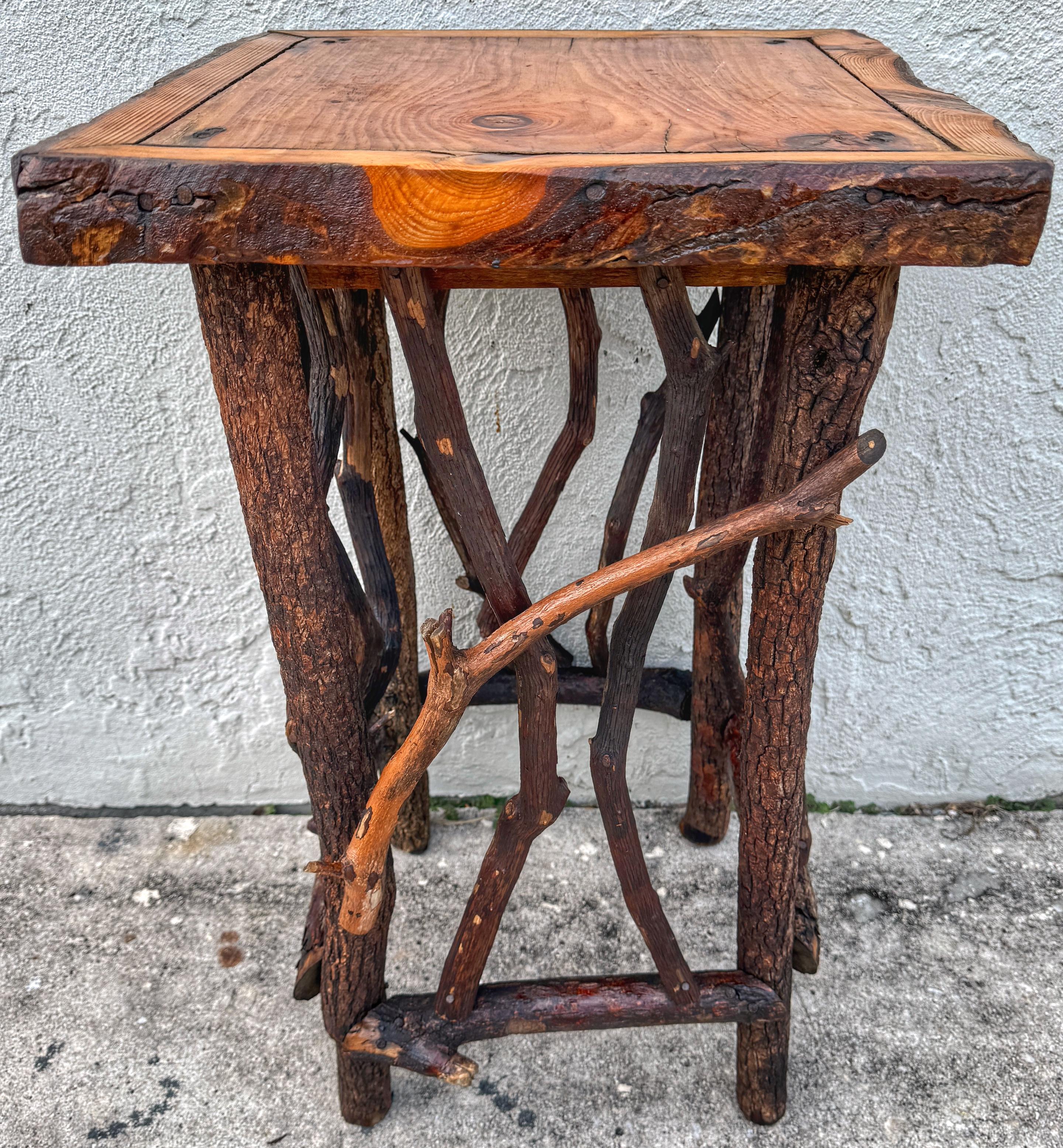 Vintage Adirondack Log & Twig Table/ Pedestal with Pine Top In Good Condition In West Palm Beach, FL