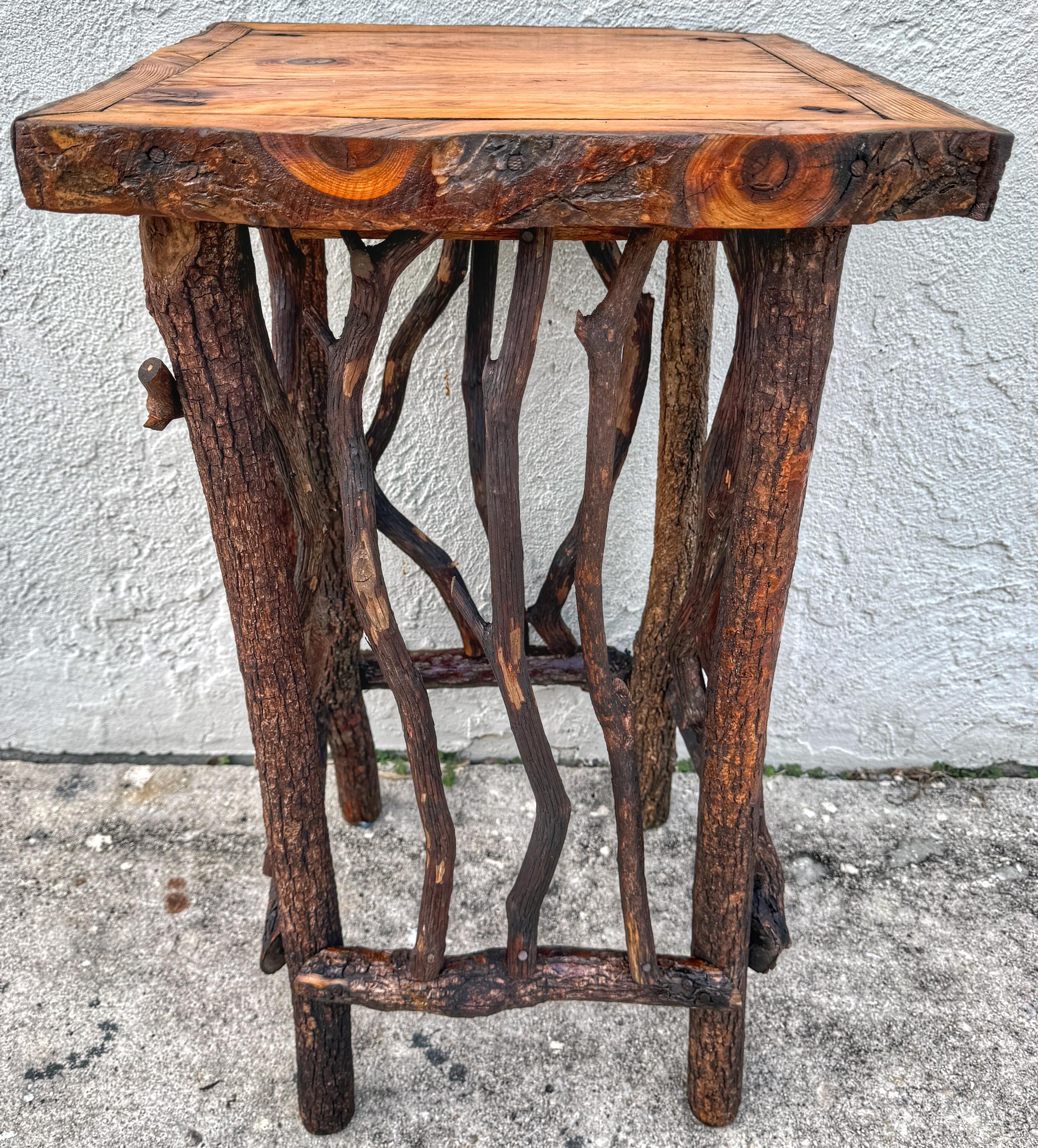 20th Century Vintage Adirondack Log & Twig Table/ Pedestal with Pine Top