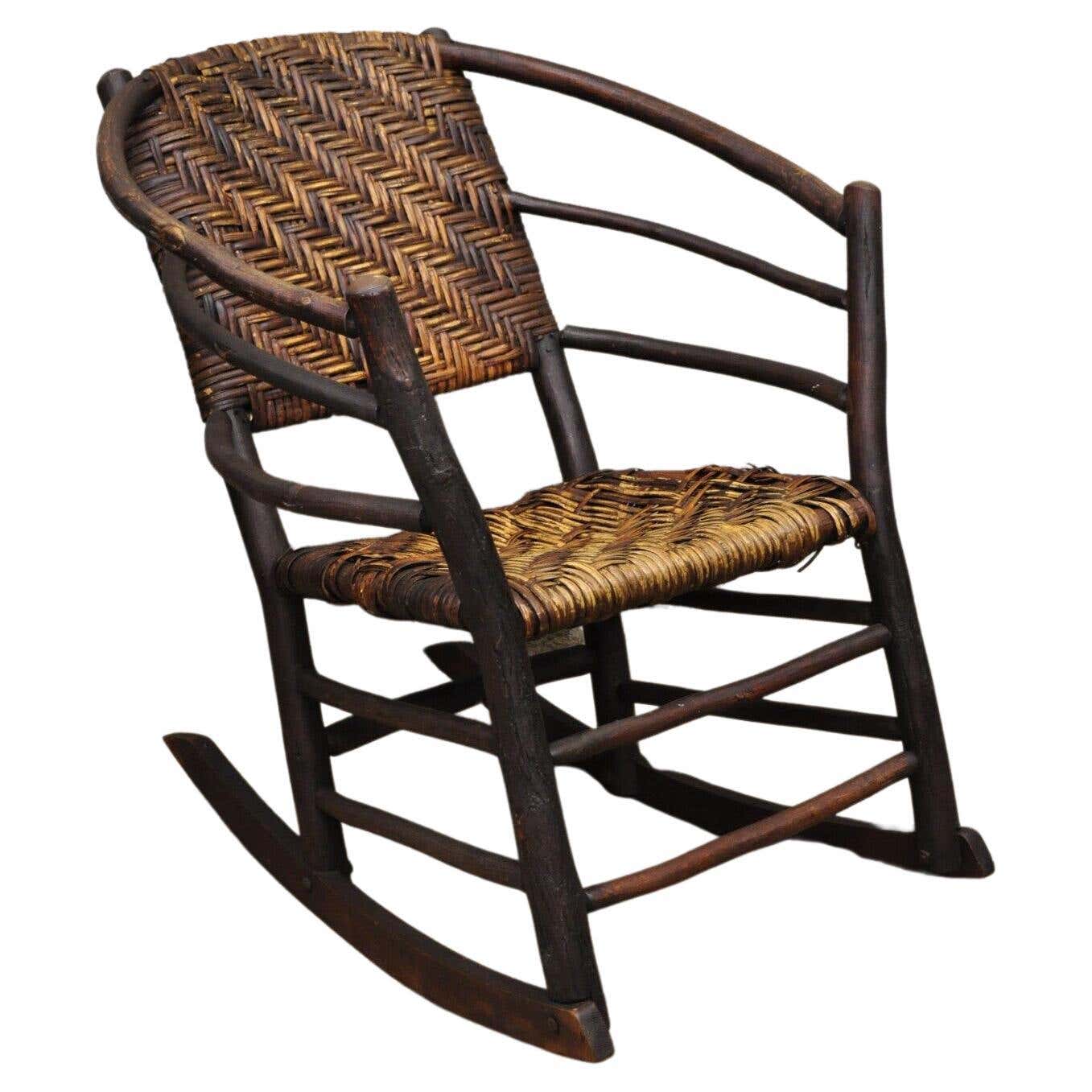 Wooden Rattan Rocking Chair Vintage Adirondack Old Hickory Style Tree Branch Wood Frame Rattan ...