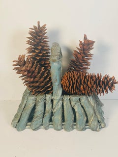 Vintage Adirondack Twig Wood Basket Planter, with Hige White Pine Cones