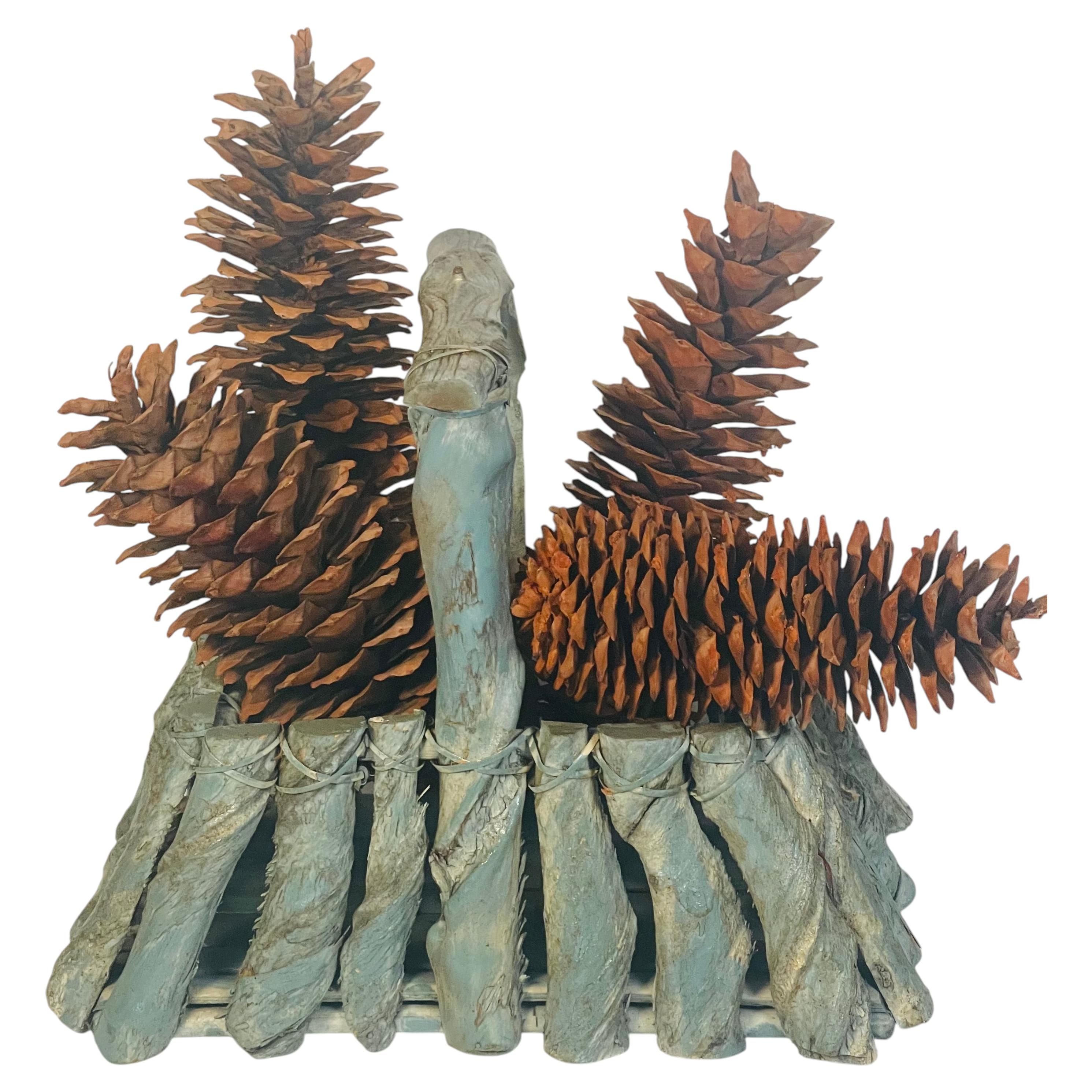 Vintage Adirondack Twig Wood Basket Planter, with Hige White Pine Cones