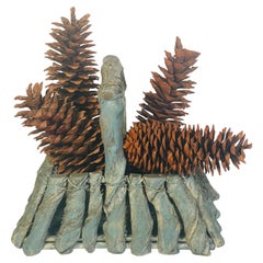 Vintage Adirondack Twig Wood Basket Planter, with Hige White Pine Cones