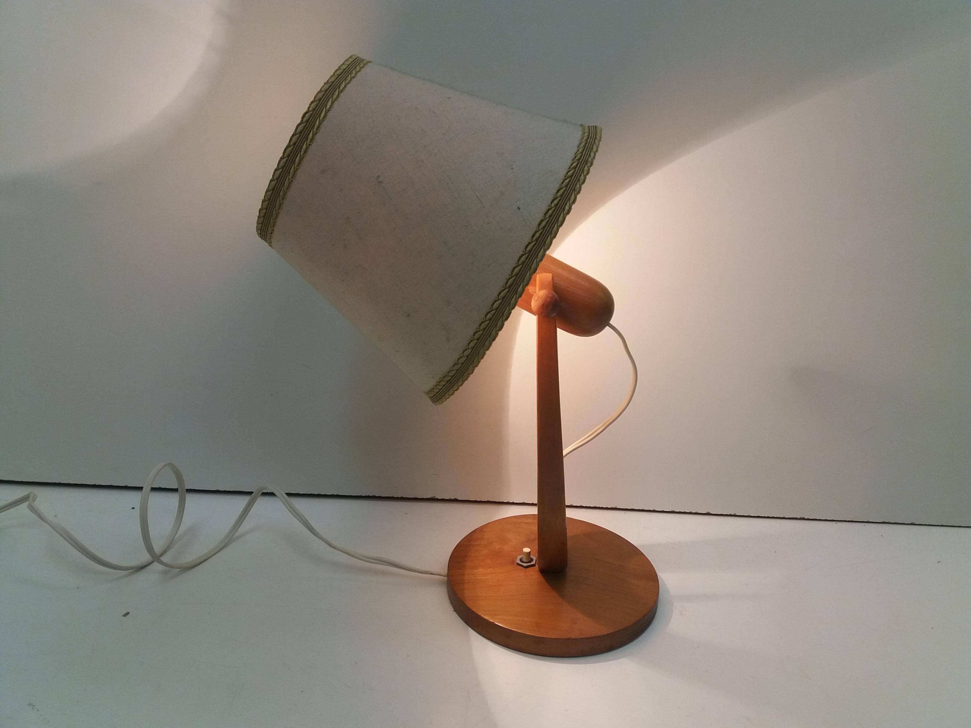 - made in Czechoslovakia
- made of wood, fabric lampshade
- design: Oldrich Starý
- fully functional
- good, original condition.