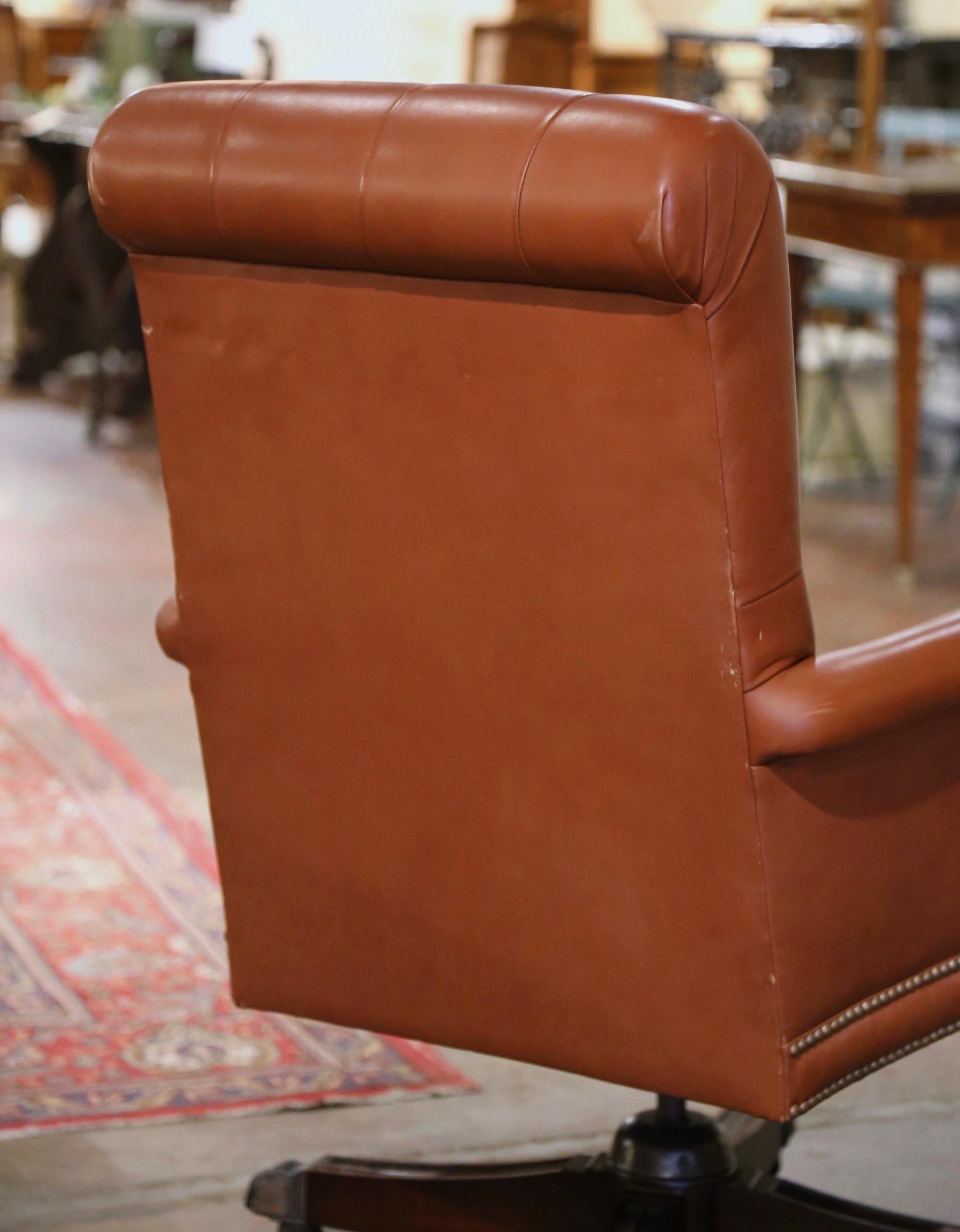 Vintage Adjustable and Swivel Executive Office Desk Armchair with Tan Leather 4