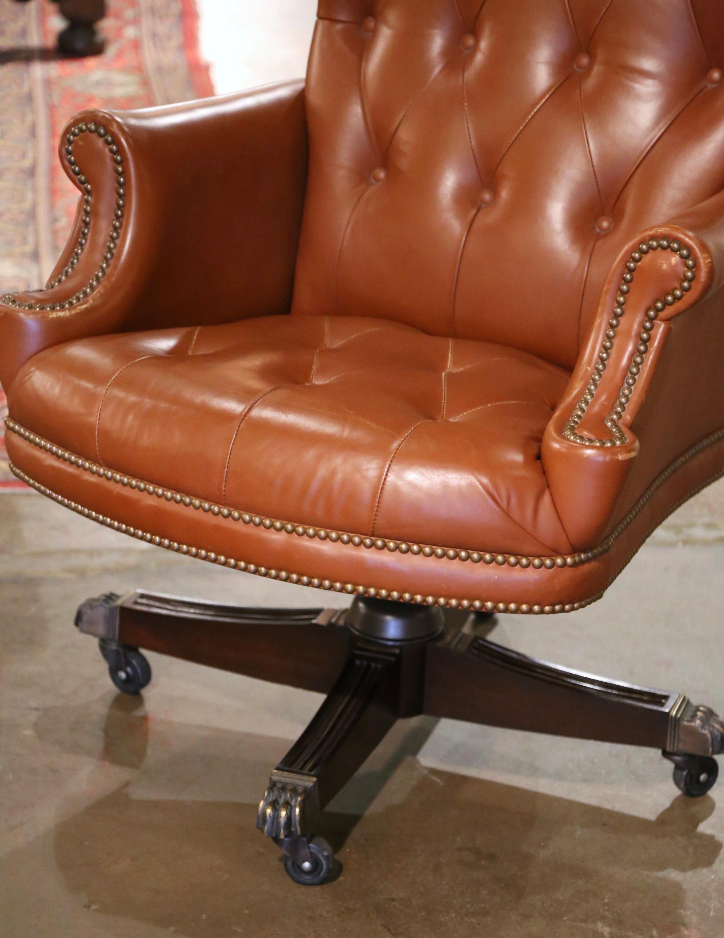 American Vintage Adjustable and Swivel Executive Office Desk Armchair with Tan Leather