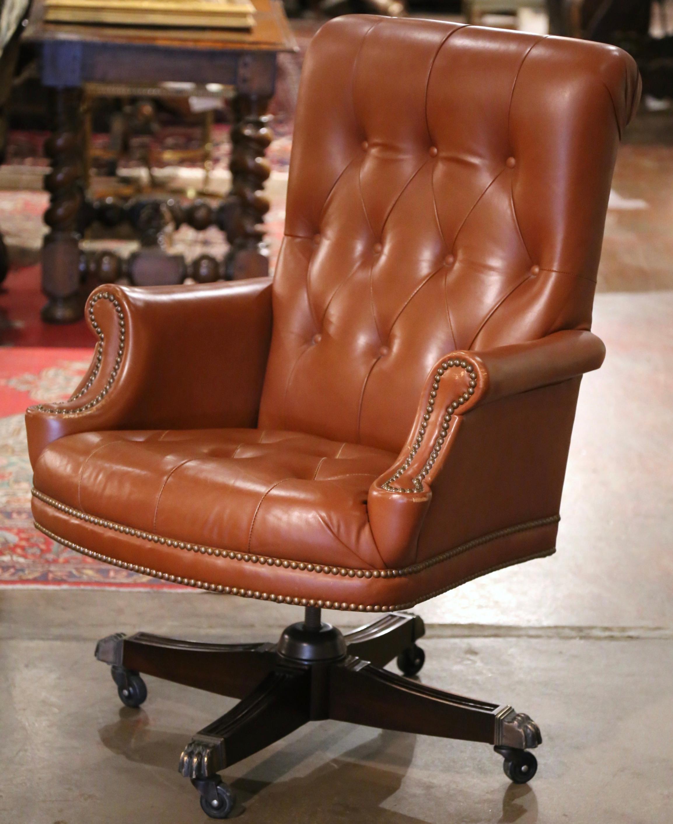 Hand-Crafted Vintage Adjustable and Swivel Executive Office Desk Armchair with Tan Leather
