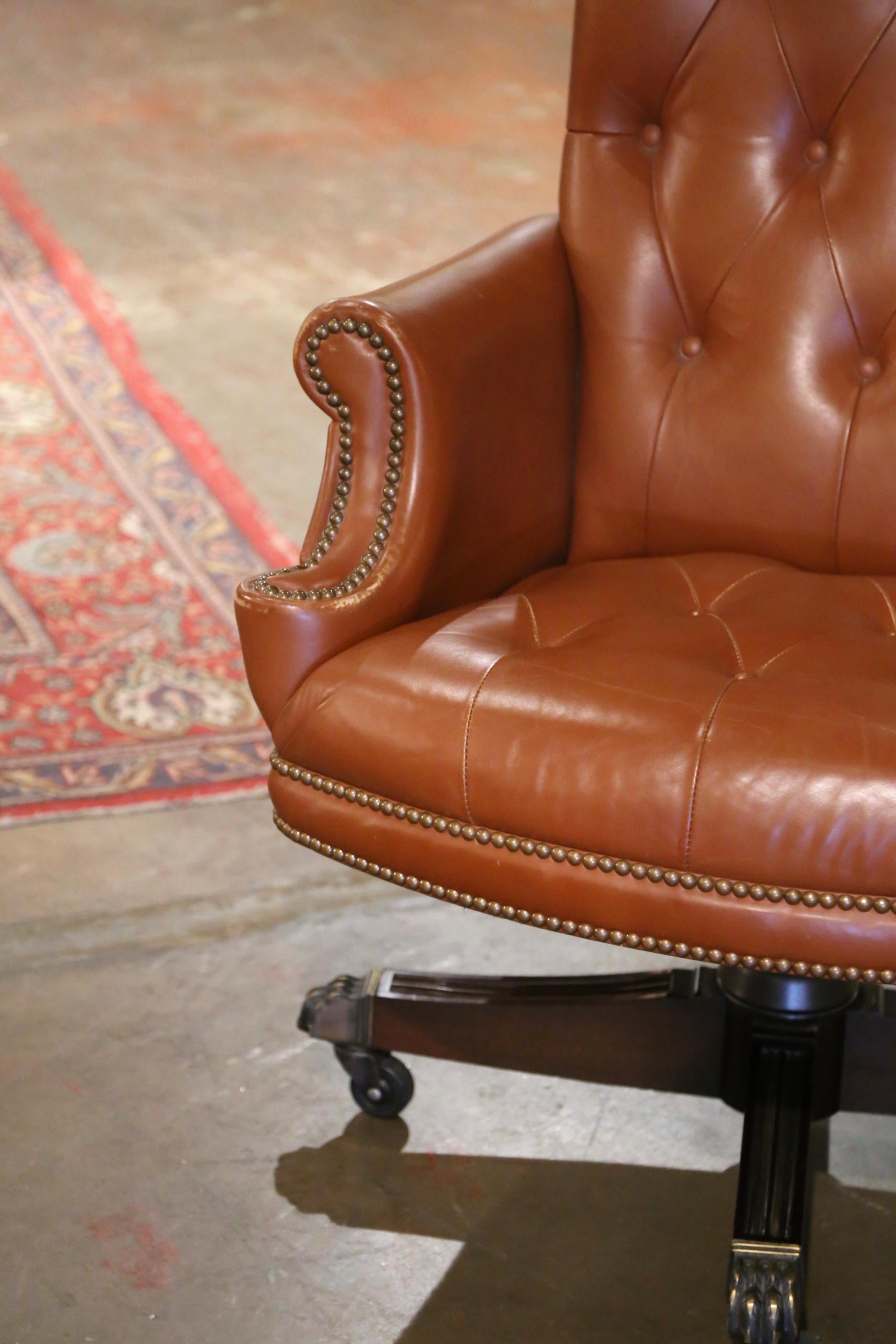 Vintage Adjustable and Swivel Executive Office Desk Armchair with Tan Leather In Excellent Condition In Dallas, TX