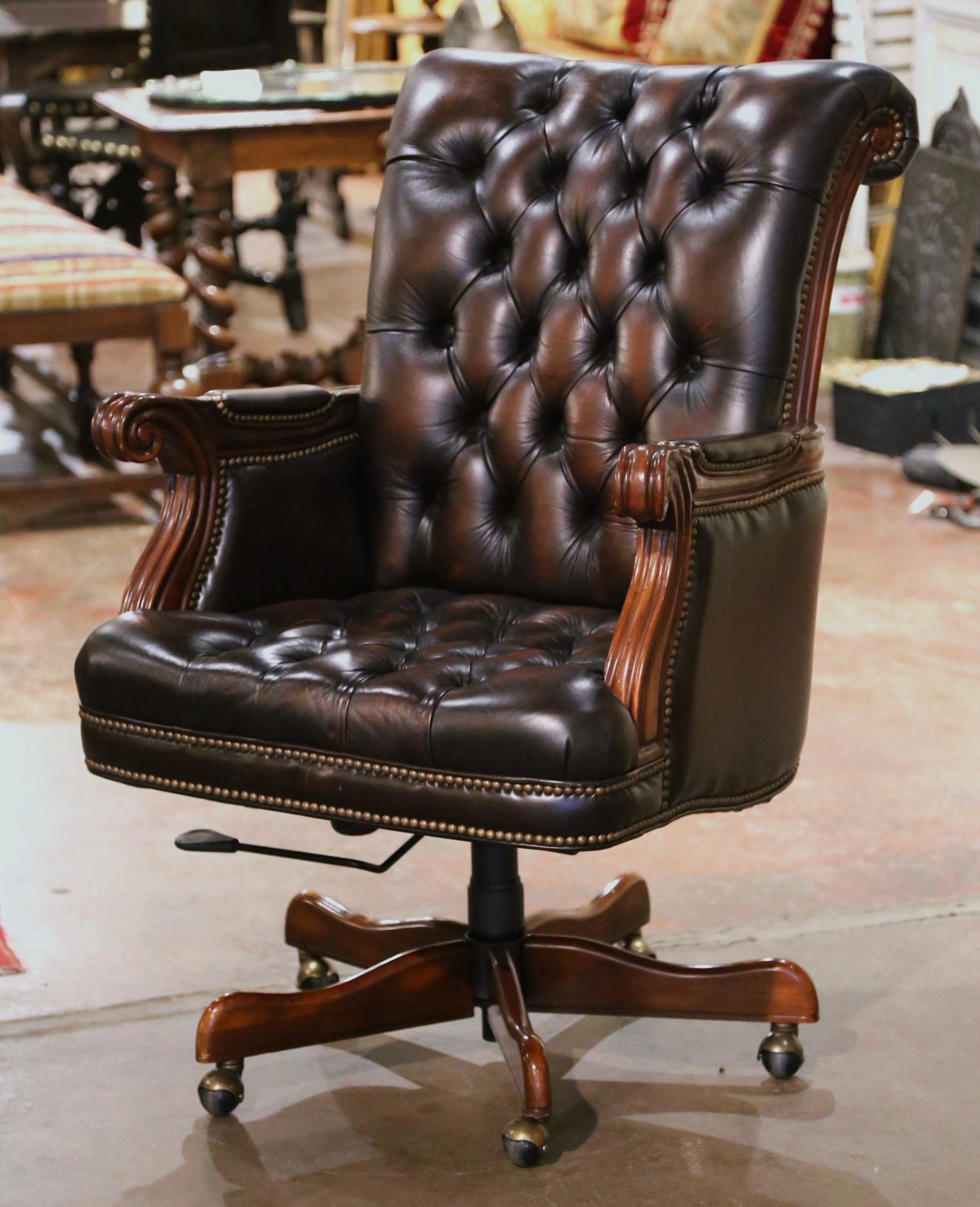 Hand-Crafted Vintage Adjustable and Swivel Executive Office Desk Armchair with Tufted Leather