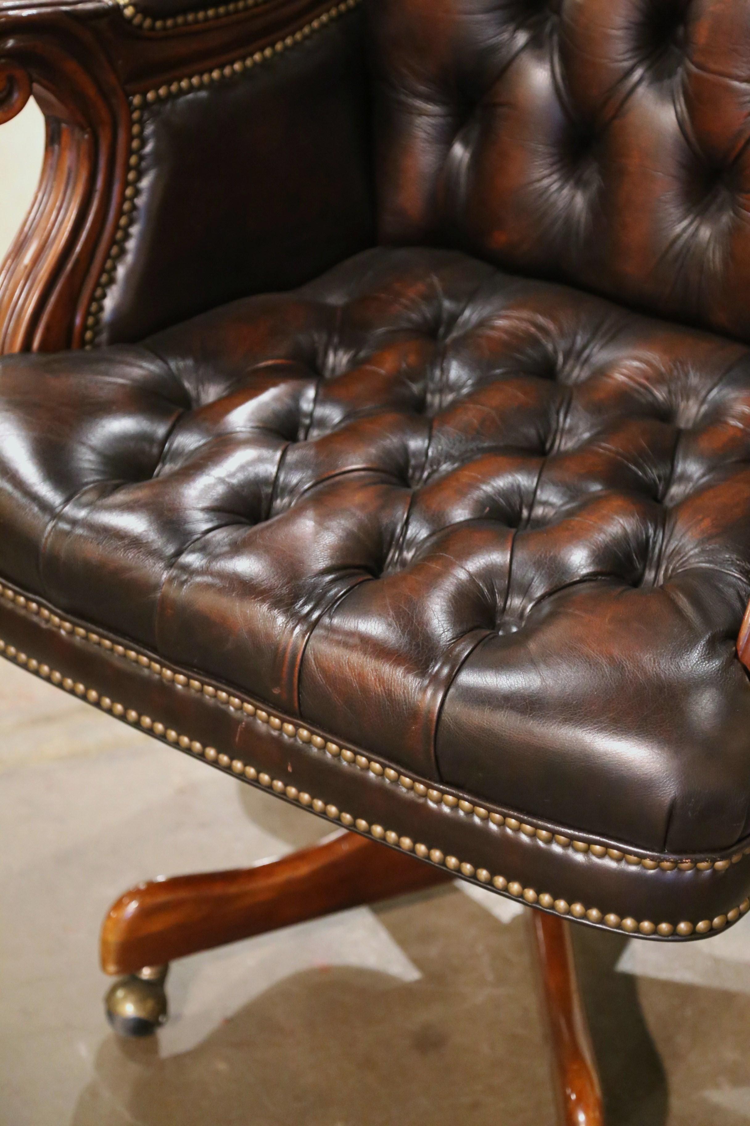 Vintage Adjustable and Swivel Executive Office Desk Armchair with Tufted Leather In Excellent Condition In Dallas, TX