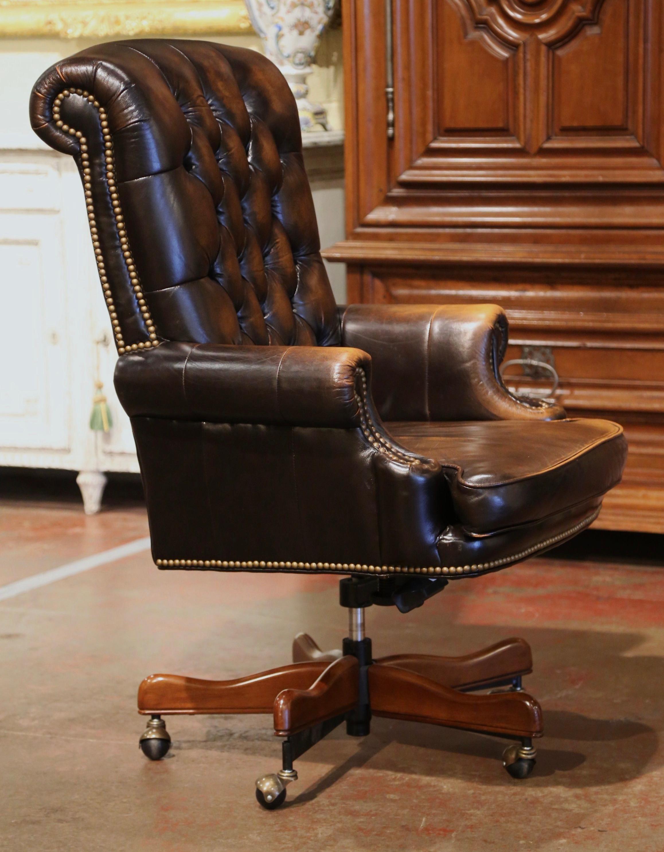 Patinated Vintage Adjustable and Swivel Executive Office Desk Armchair with Tufted Leather