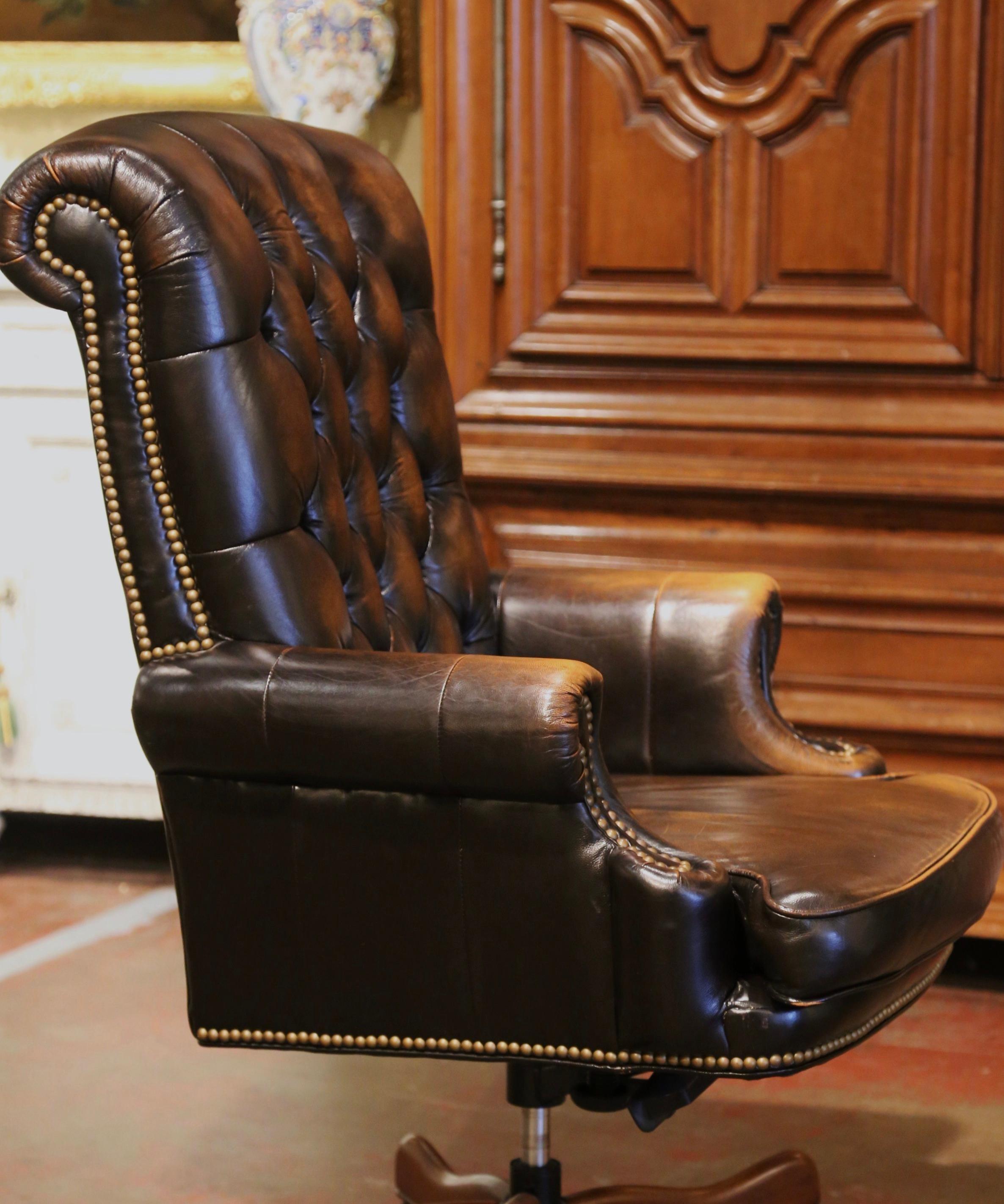 Vintage Adjustable and Swivel Executive Office Desk Armchair with Tufted Leather In Excellent Condition In Dallas, TX