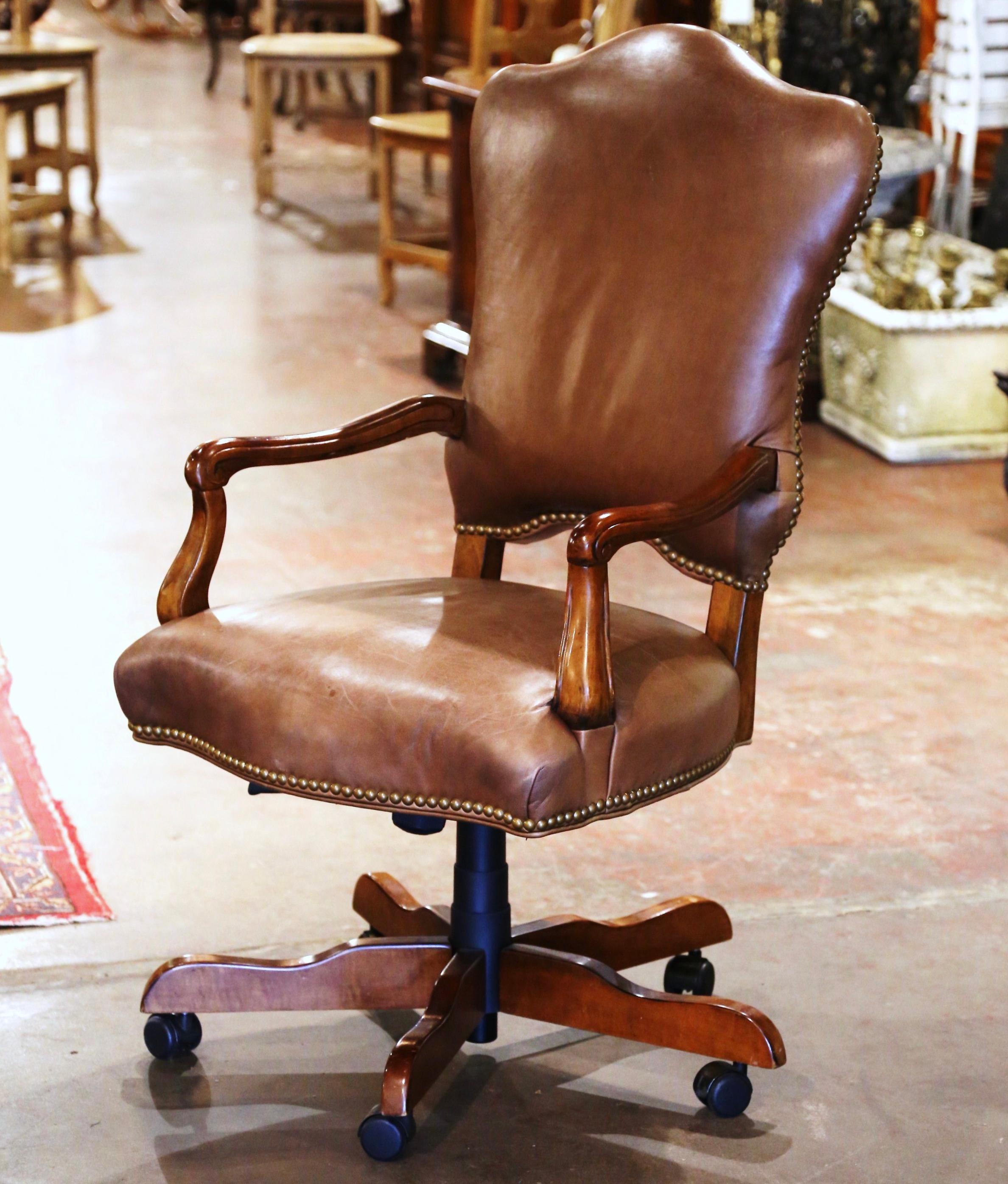 American Vintage Adjustable and Swivel Office Desk Armchair with Tan Leather For Sale