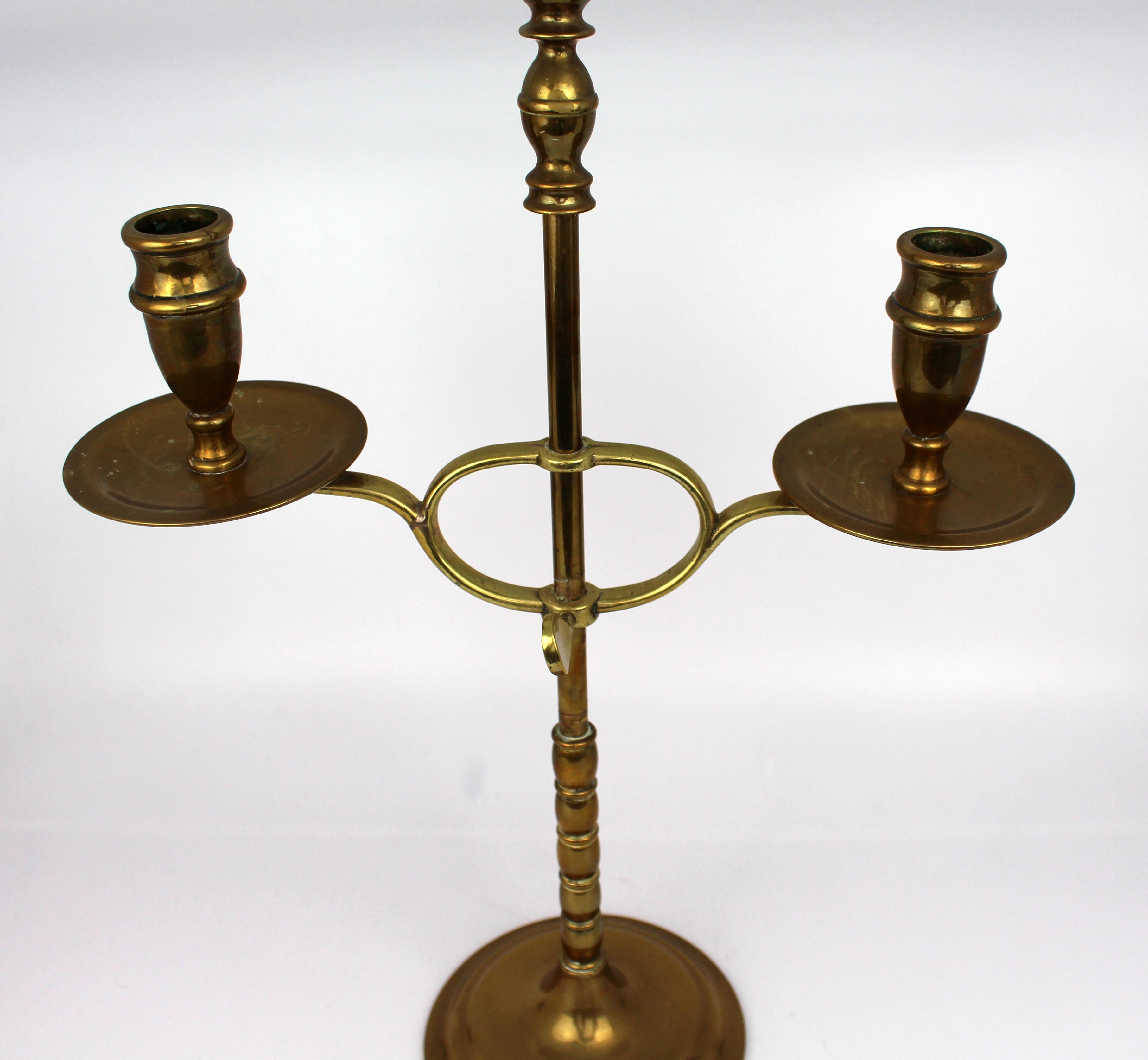 Vintage Adjustable Brass Twin-Arm Candelabra, Mid-20th Century In Good Condition For Sale In Worcester, GB