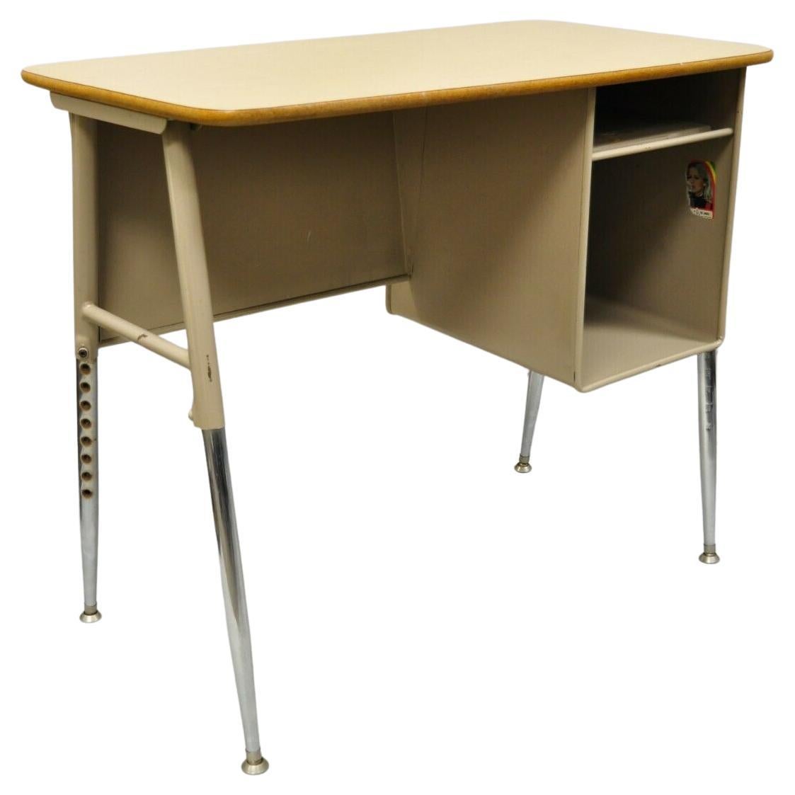 Vintage Adjustable Height Metal School Writing Desk With Laminate Top For Sale