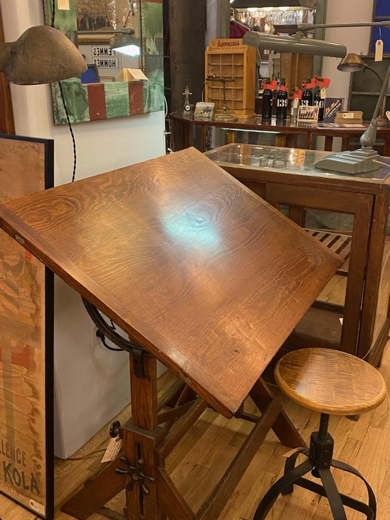 Vintage Adjustable Height Tilting Oak & Pine Drafting Table 6