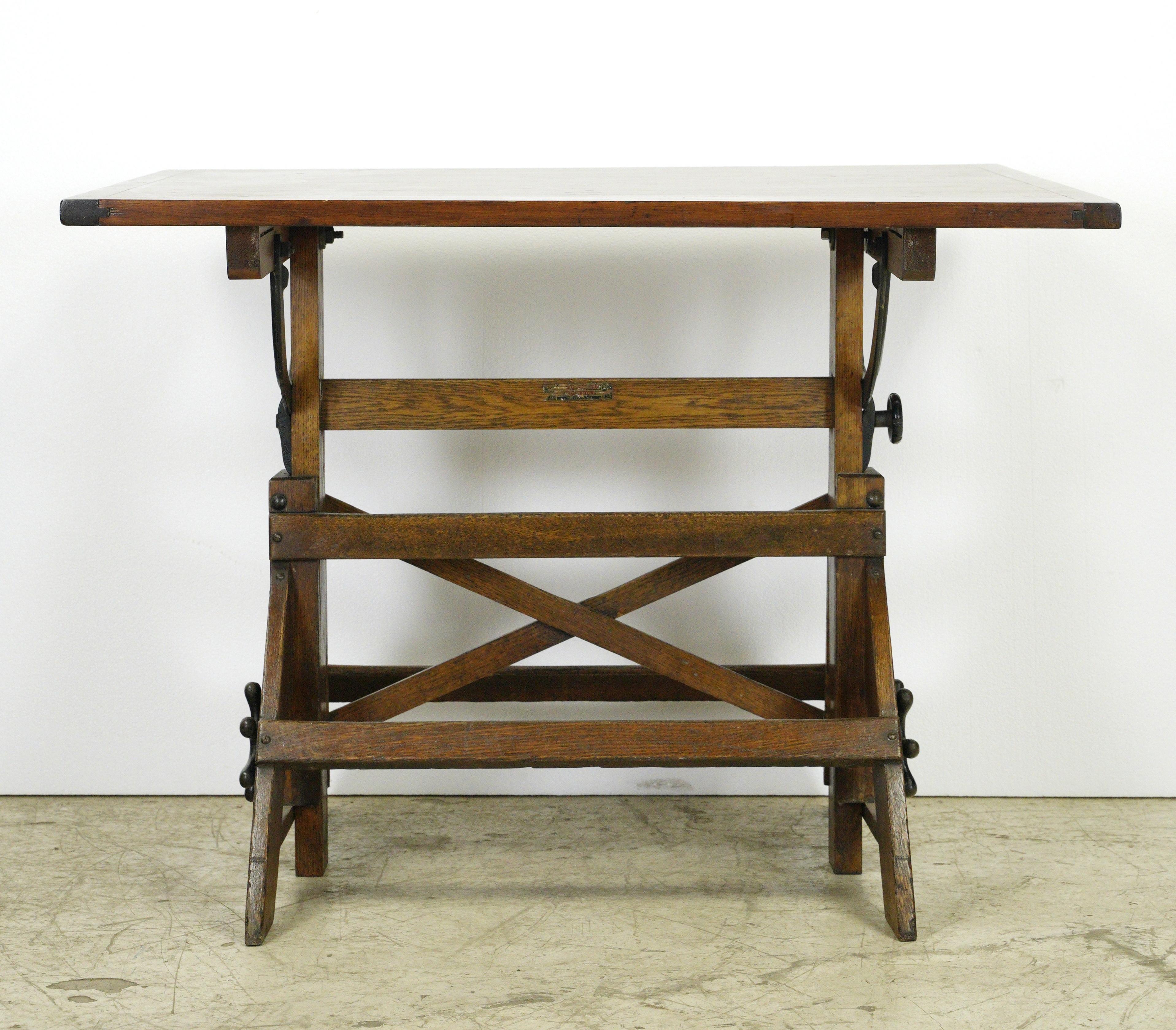 Industrial Vintage Adjustable Height Tilting Oak & Pine Drafting Table