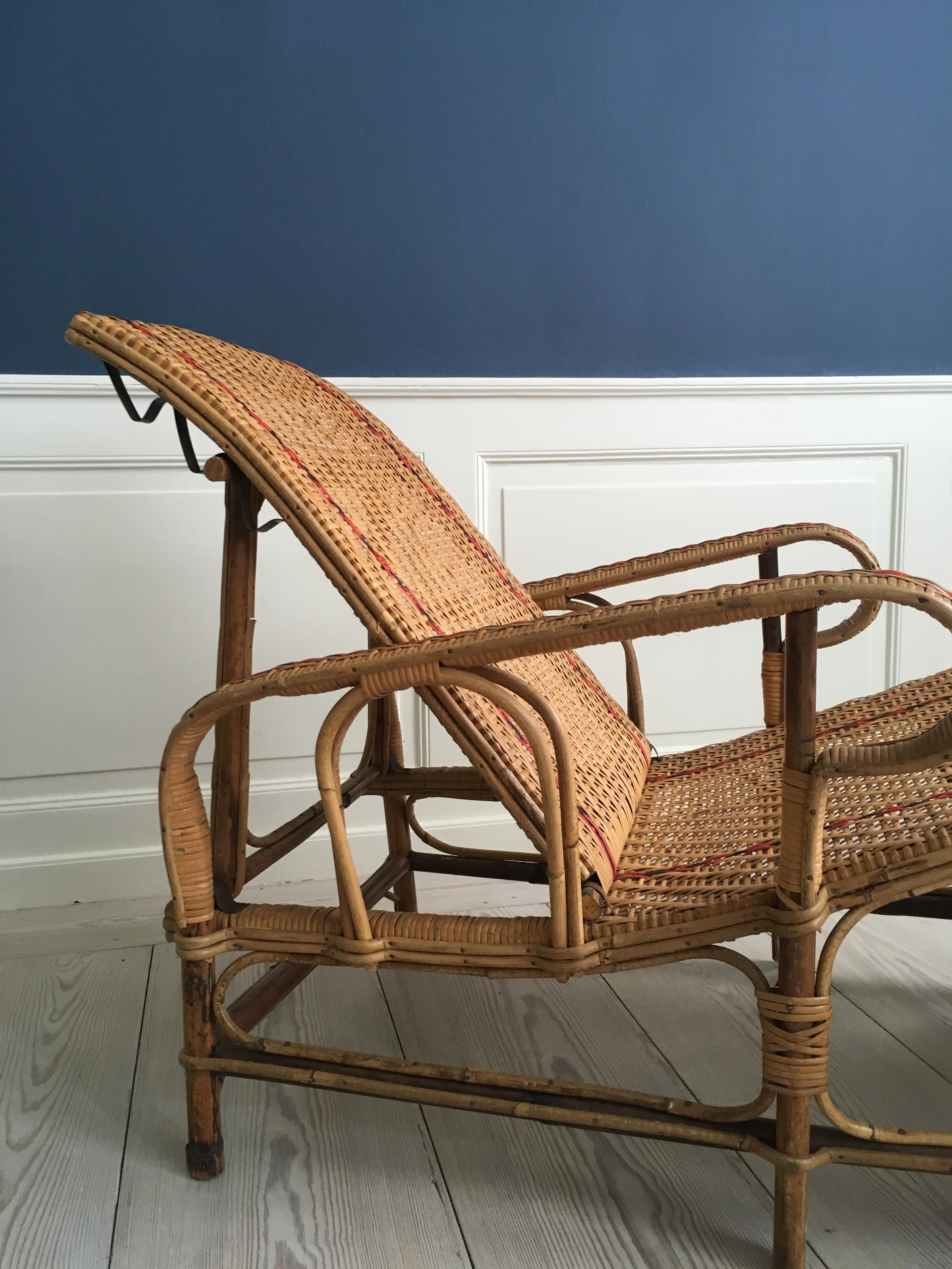 French Vintage Adjustable Rattan Armchair and Footrest, France, 1930s