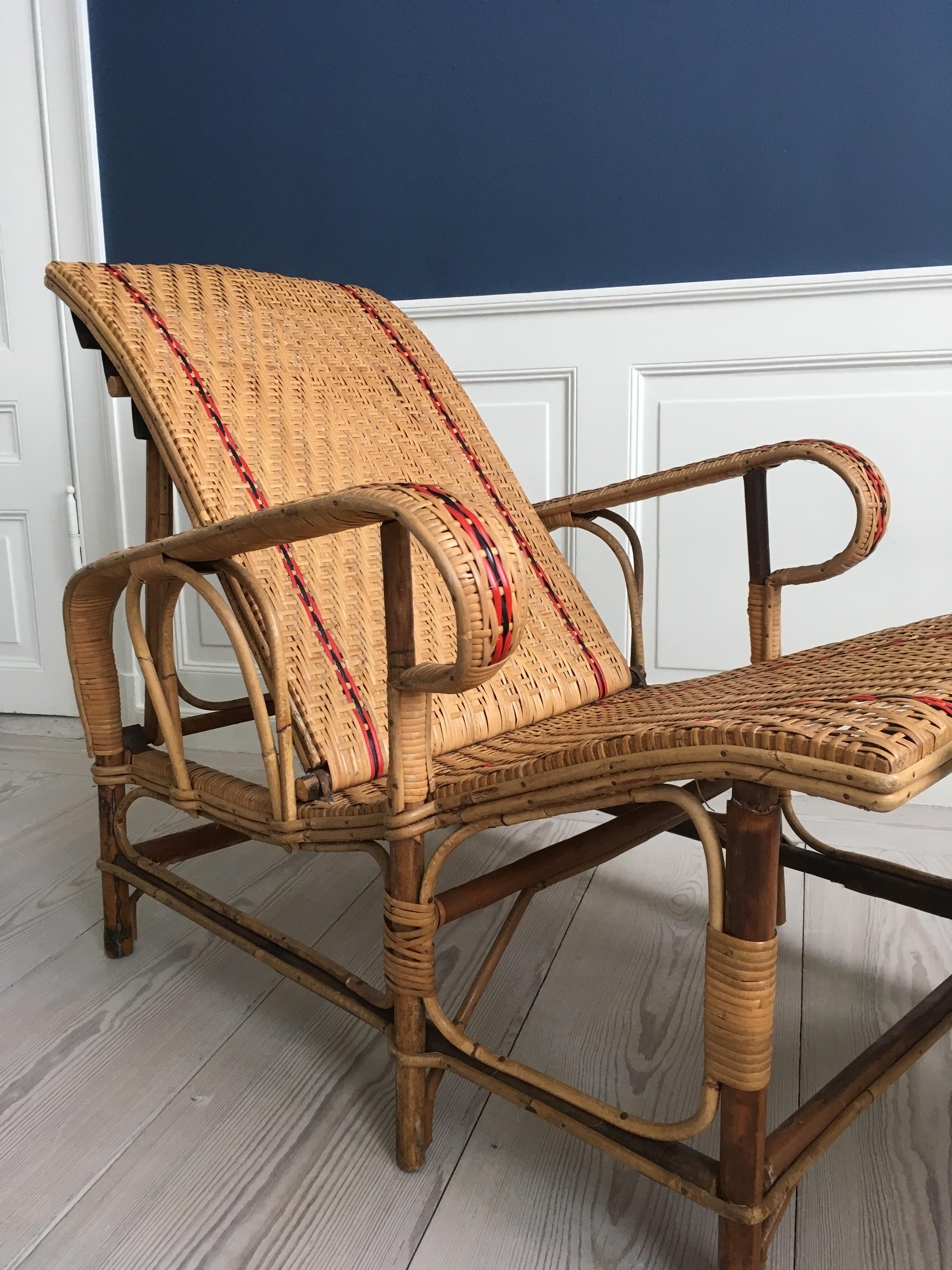 Woven Vintage Adjustable Rattan Armchair and Footrest, France, 1930s
