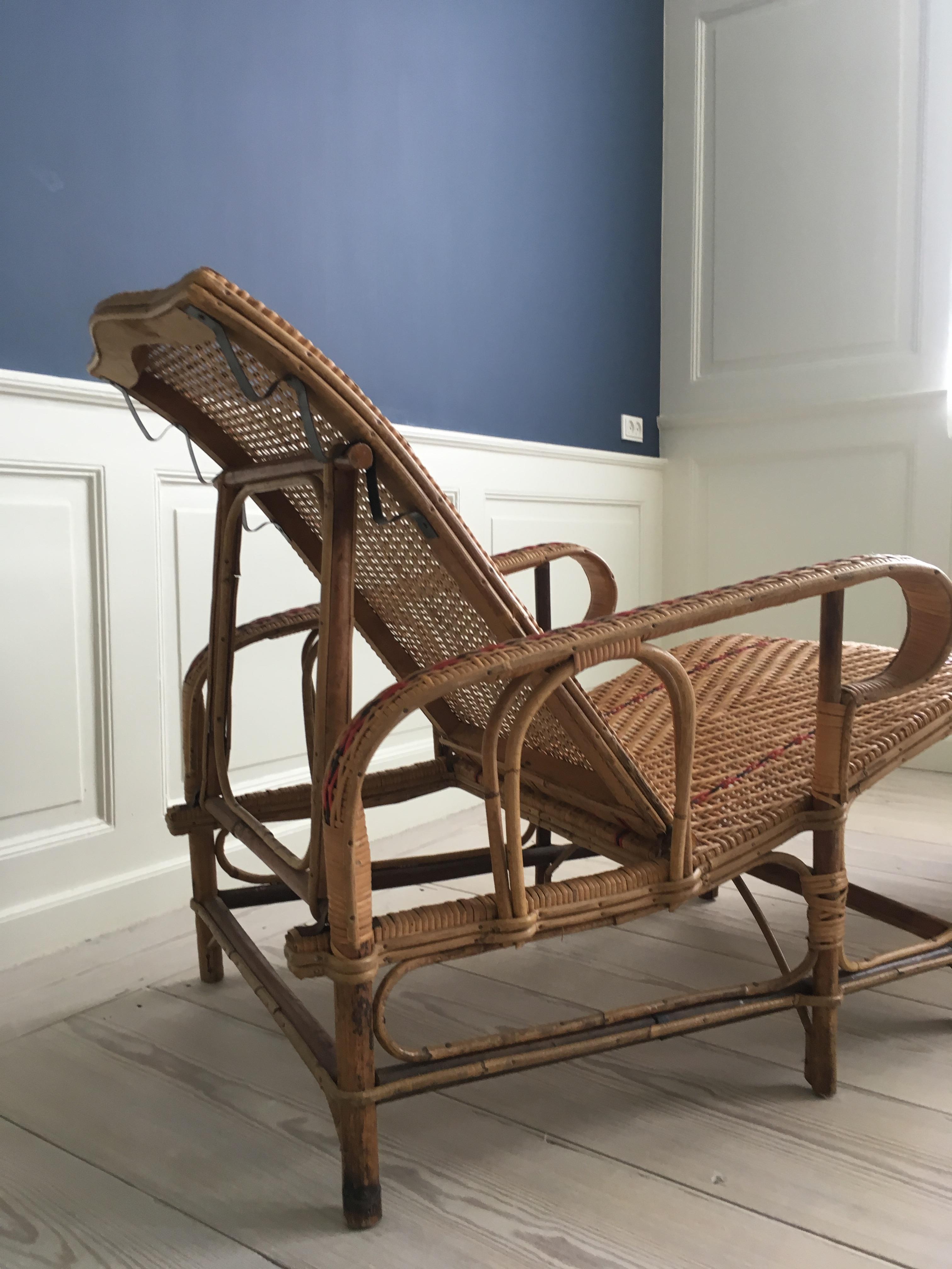 Mid-20th Century Vintage Adjustable Rattan Armchair and Footrest, France, 1930s