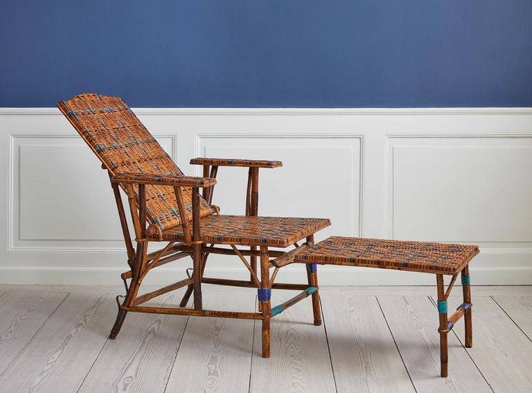 French Vintage Adjustable Rattan Armchair with Footrest and Woven Details, France 1930s For Sale